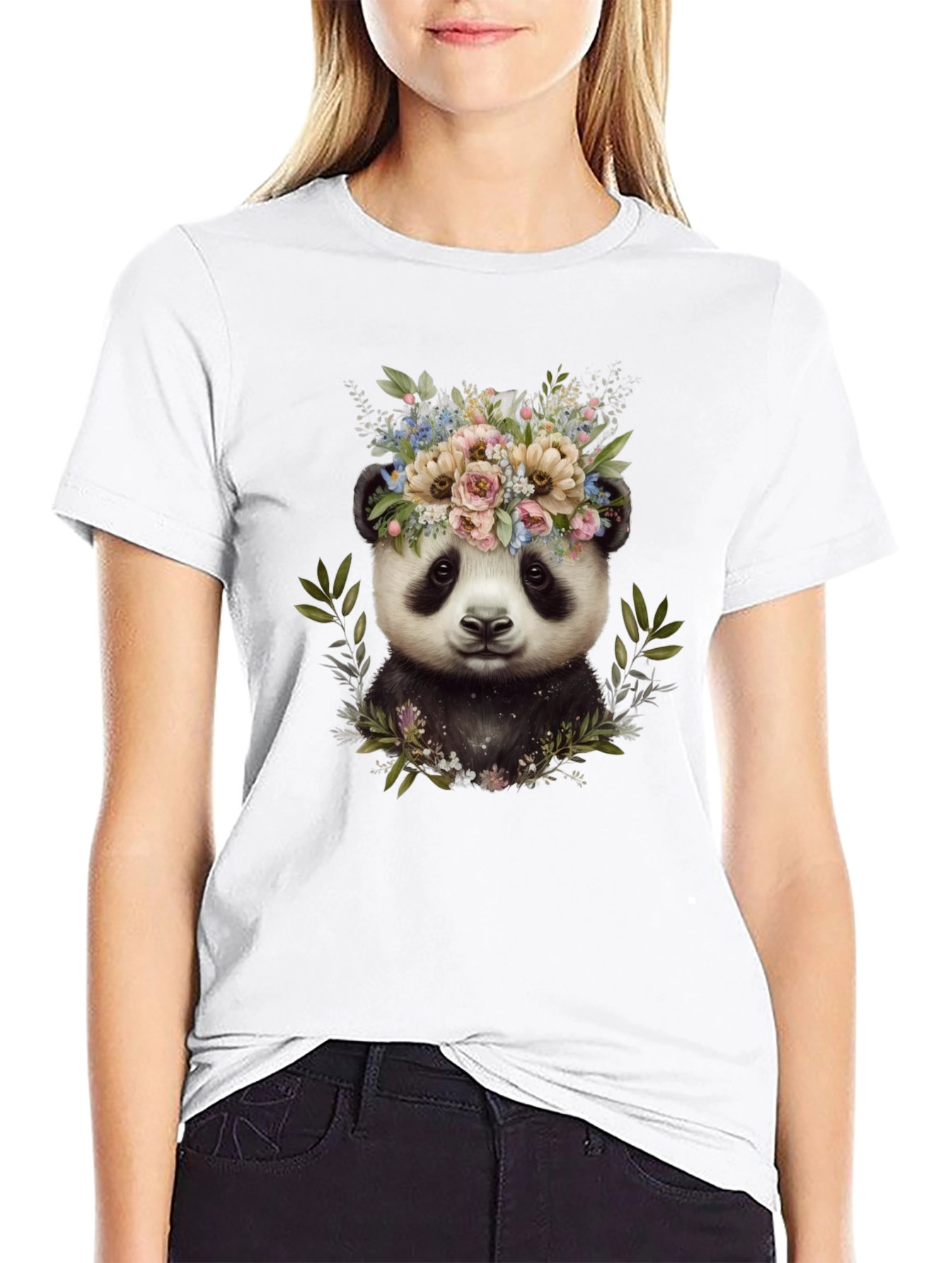 Black Panda Floral Wreath Tee - Unique Graphic Print T-Shirt view 9