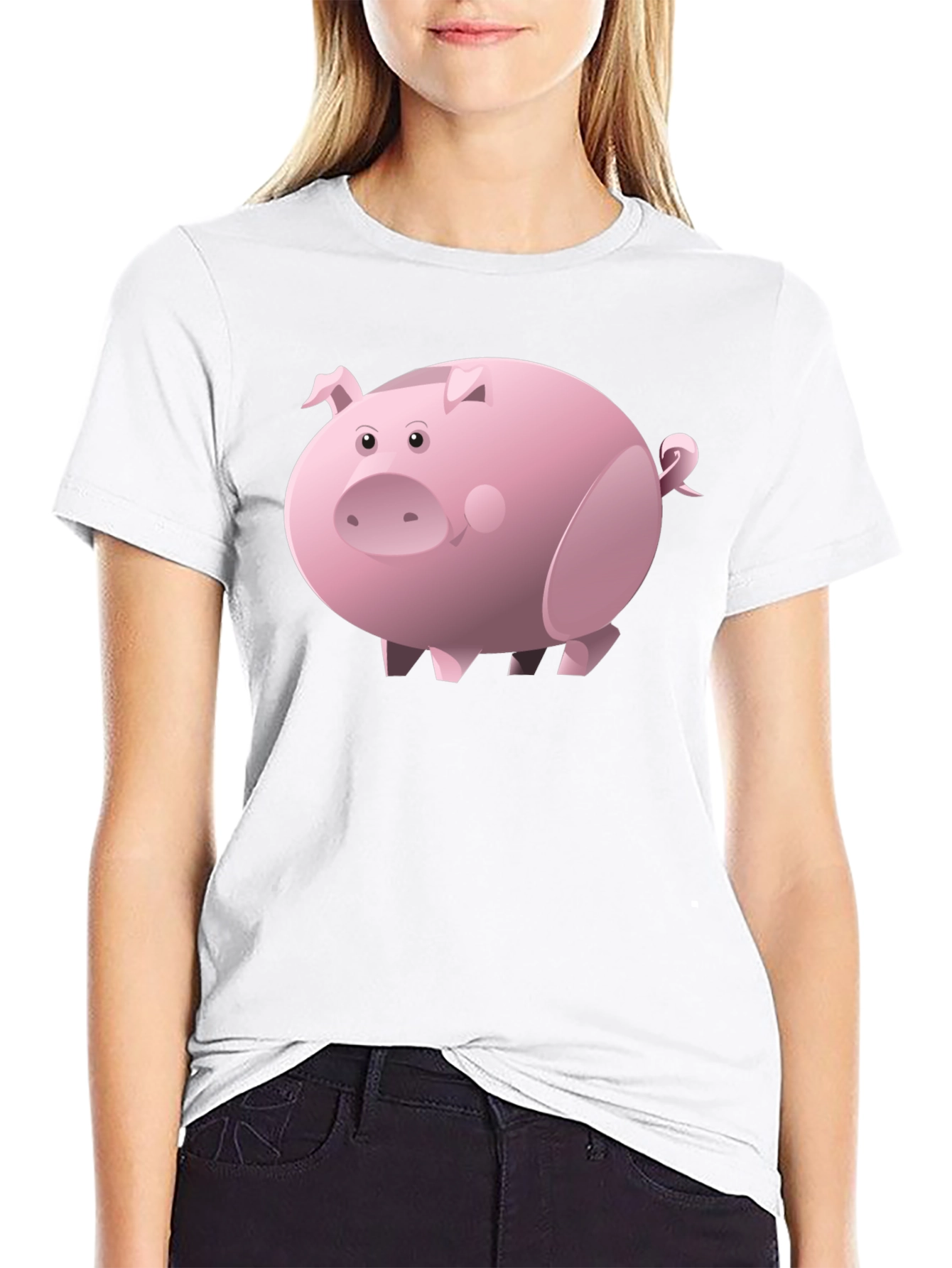 Black Cartoon Pig Black T-Shirt | Unisex view 9