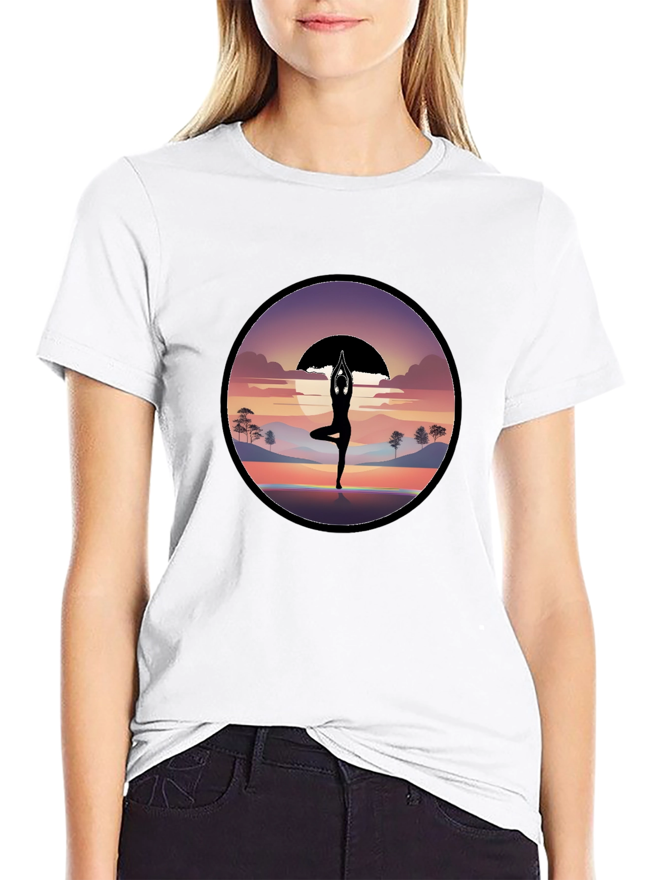 Black Yoga Silhouette Sunset Graphic T-Shirt view 9