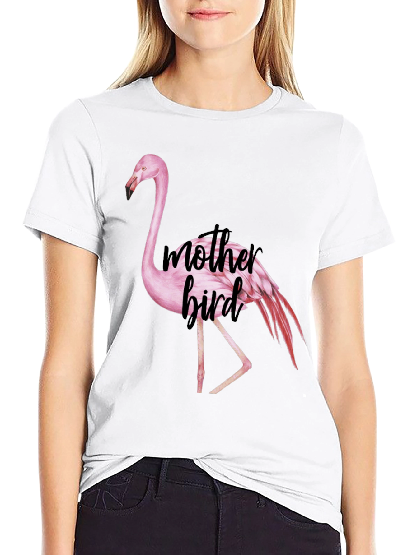 Black Mother Bird Flamingo Graphic Tee - Black Cotton Blend view 9