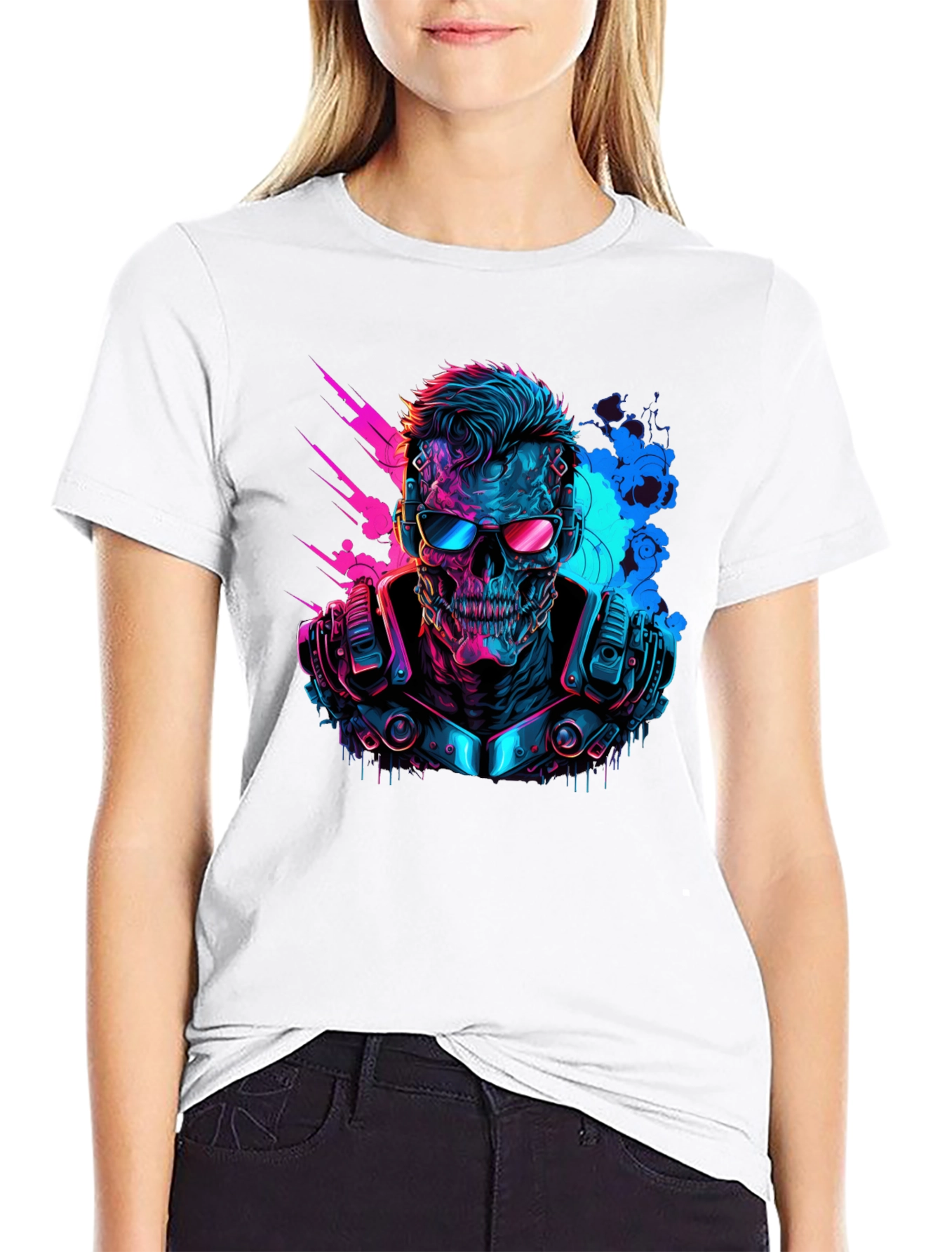 Black Cyberpunk Skull T-Shirt - Neon Techwear view 9