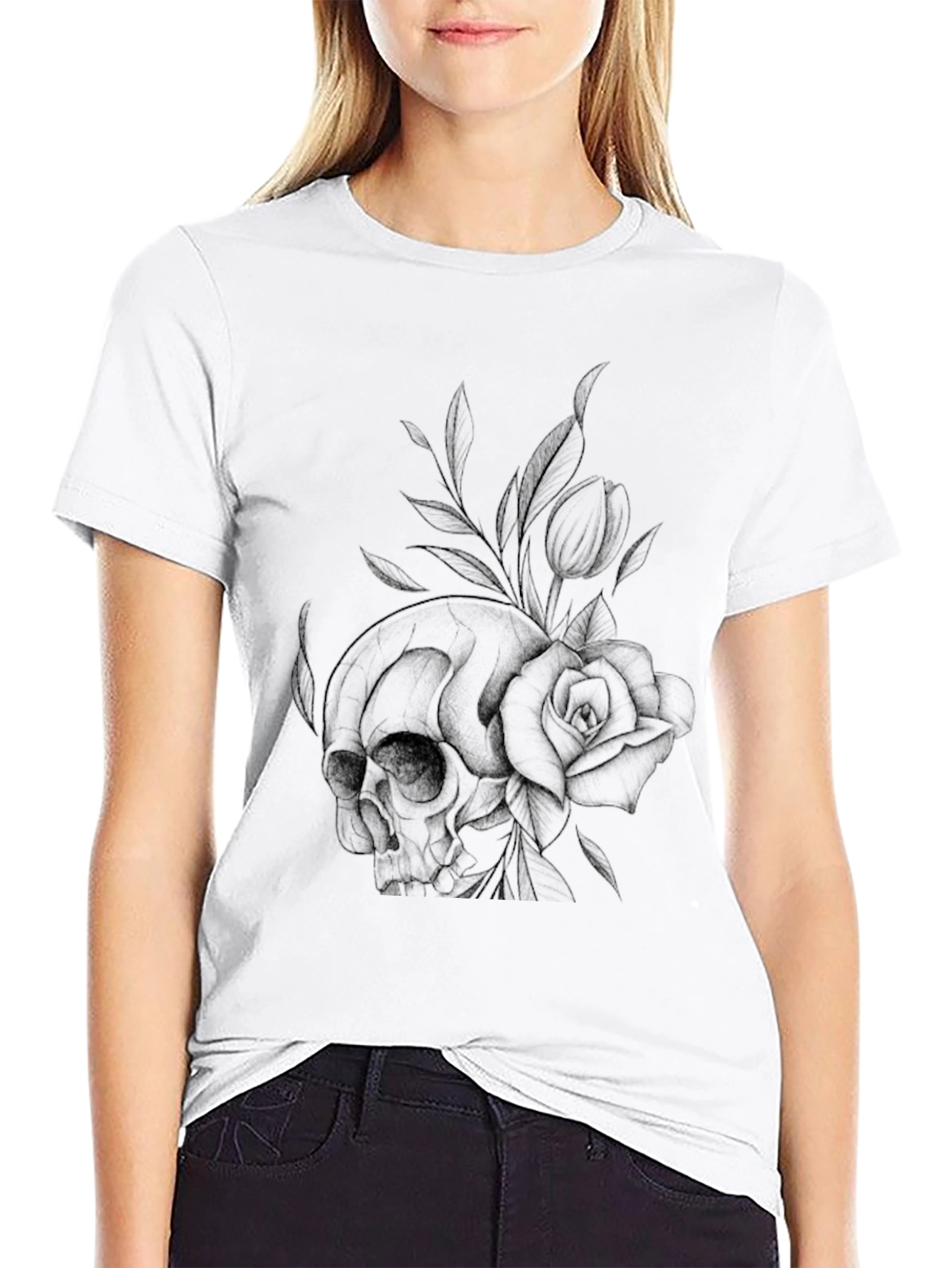 Black Skull & Rose Graphic Print T-Shirt - Casual Style view 9