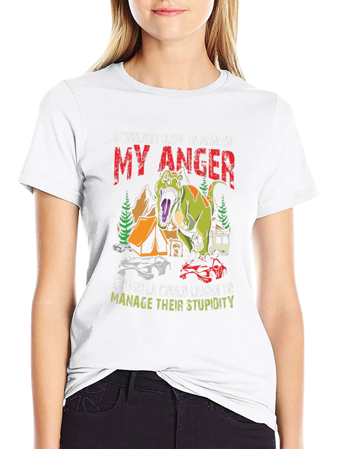 Black Manage Anger Dinosaur T-Shirt - Funny Camping Tee view 9