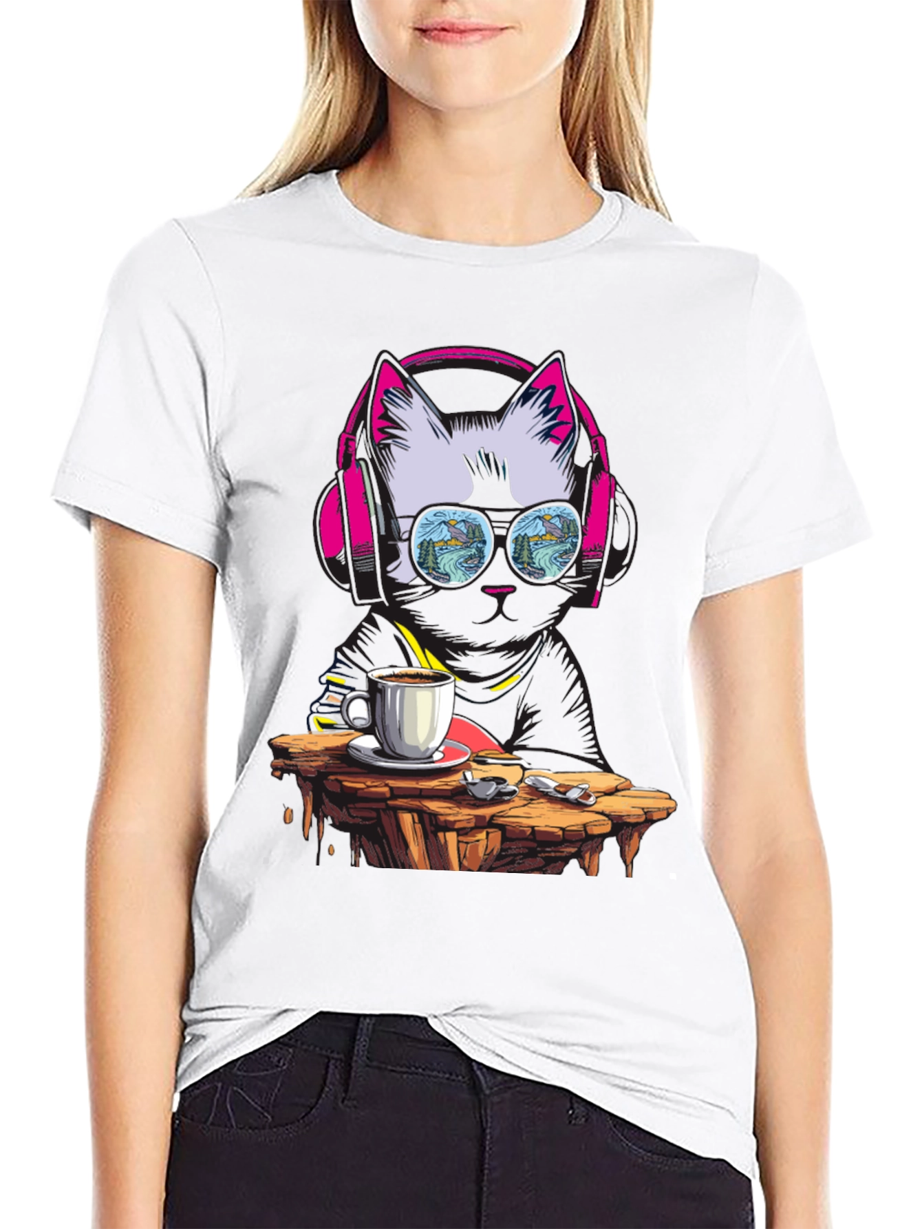 Black Cool Cat Coffee T-Shirt - DJ Kitty Tee view 9