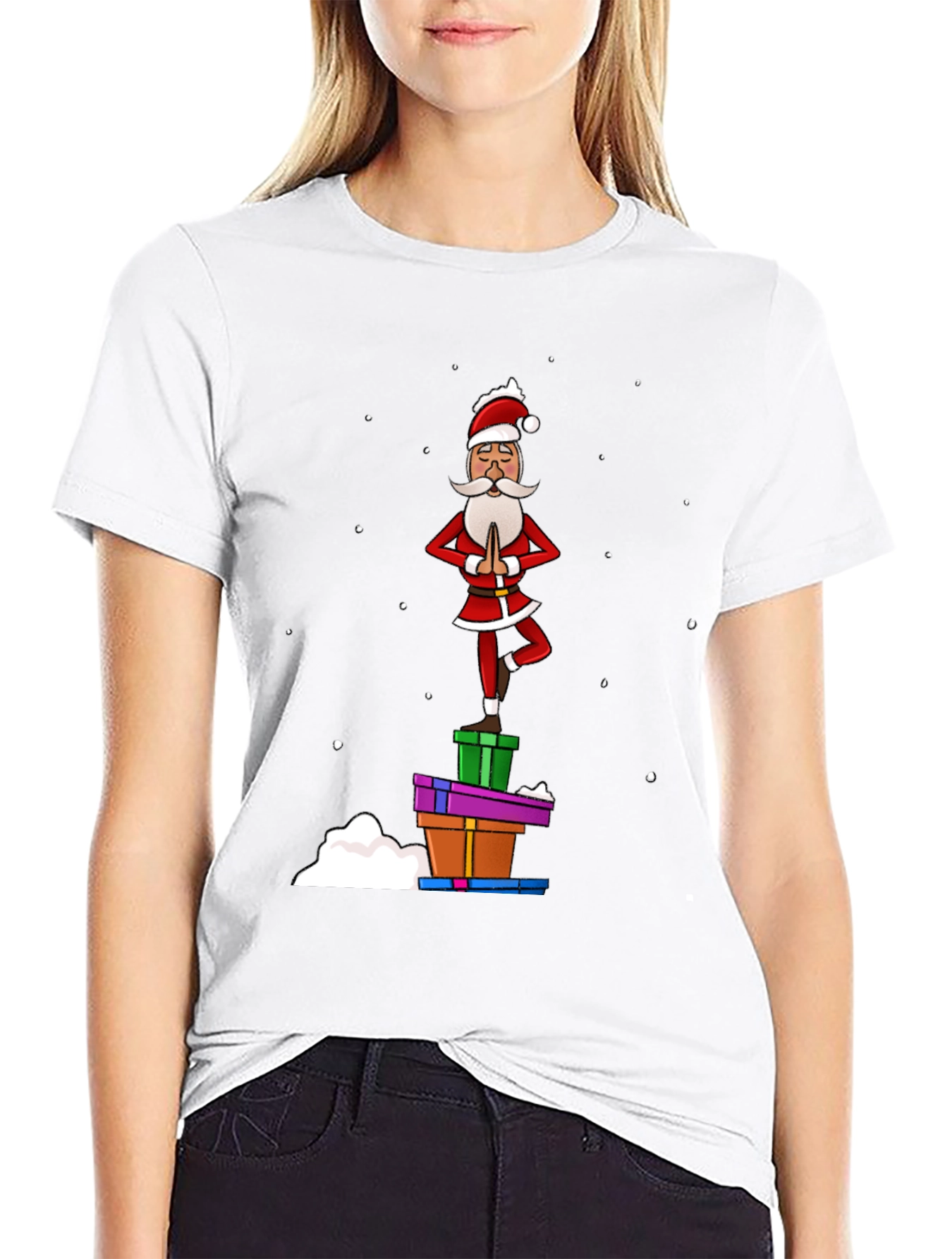 Black Yoga Santa T-Shirt - Festive Holiday Apparel view 9
