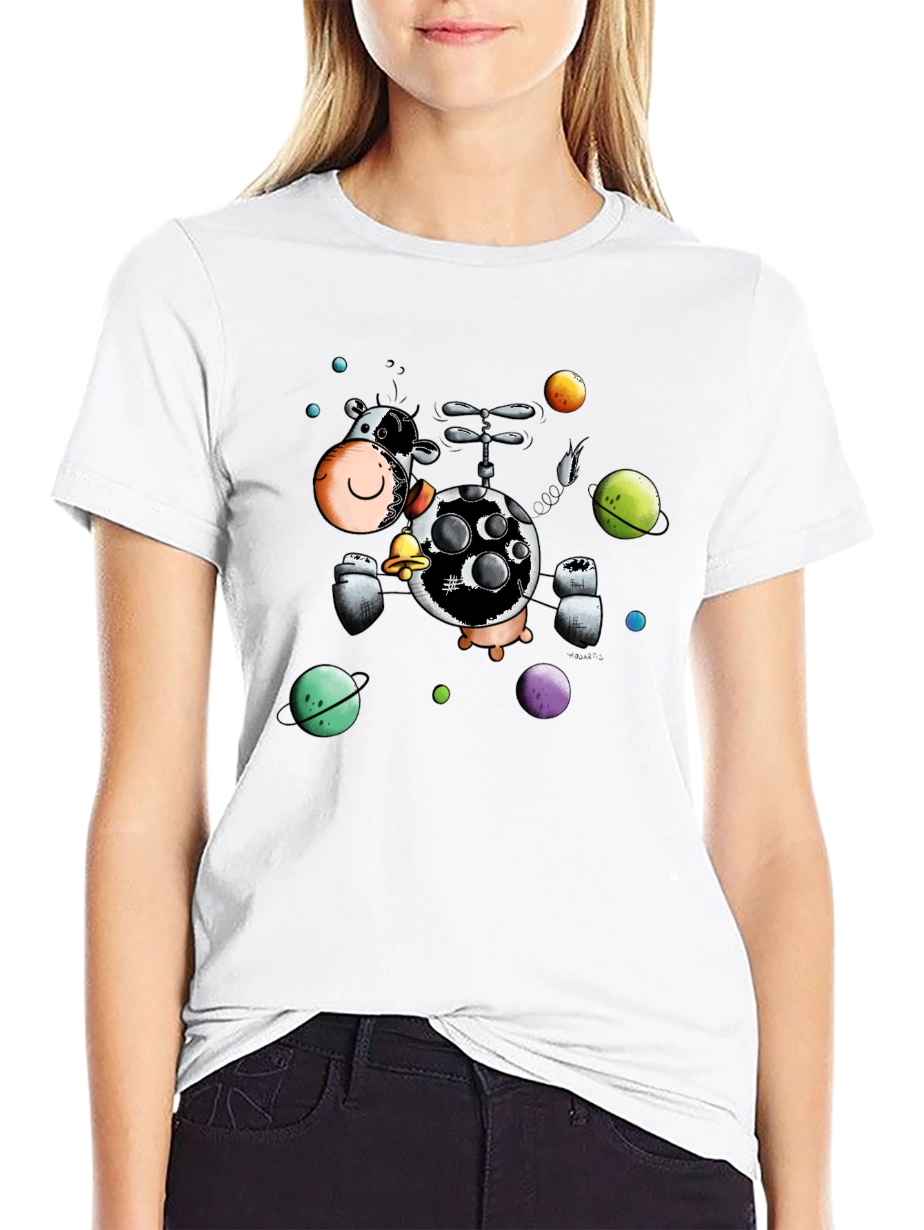 Black Cosmic Cow Black T-Shirt, Novelty Cartoon Design view 9