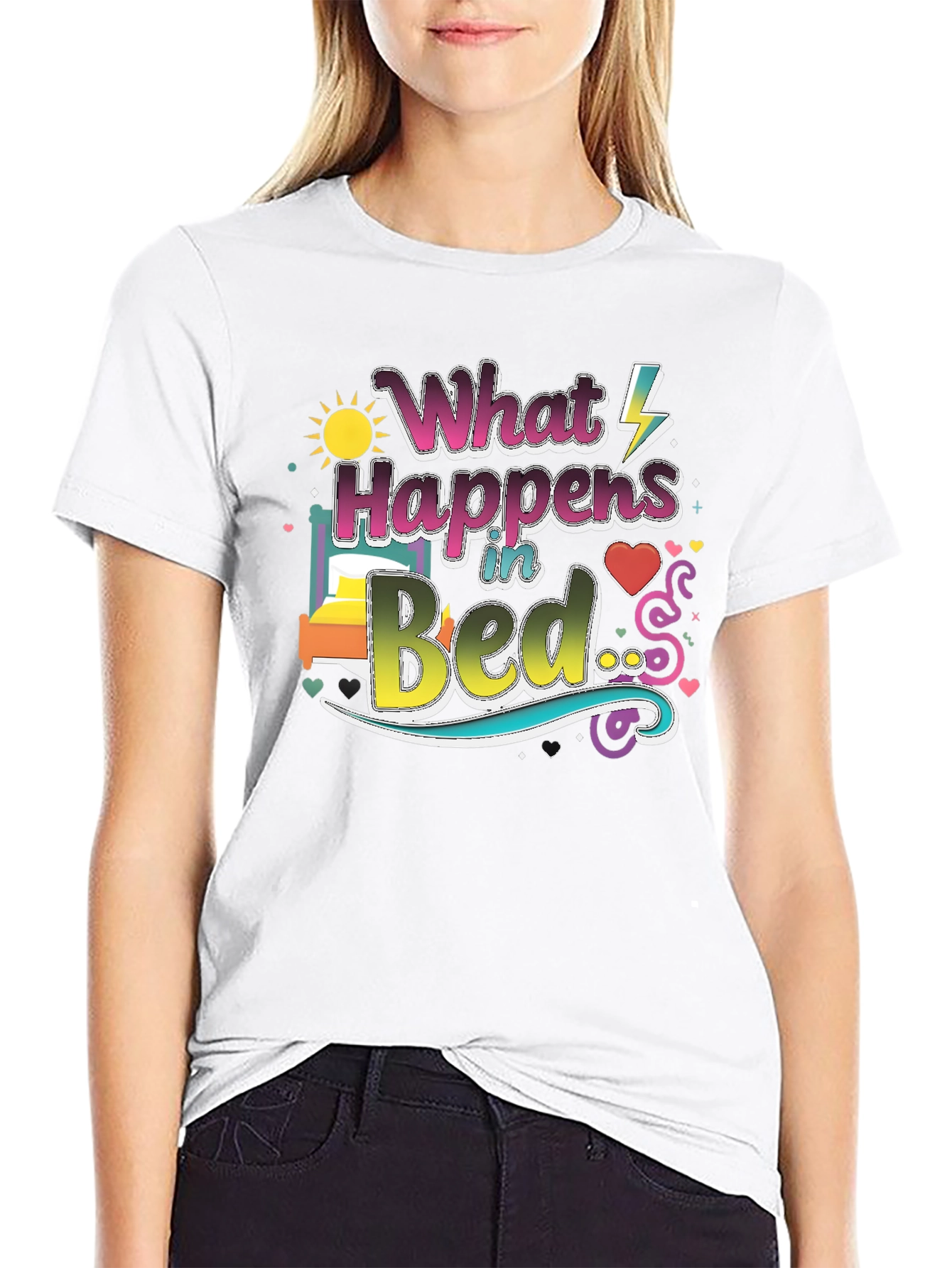 Black What Happens in Bed Graphic T-Shirt view 9