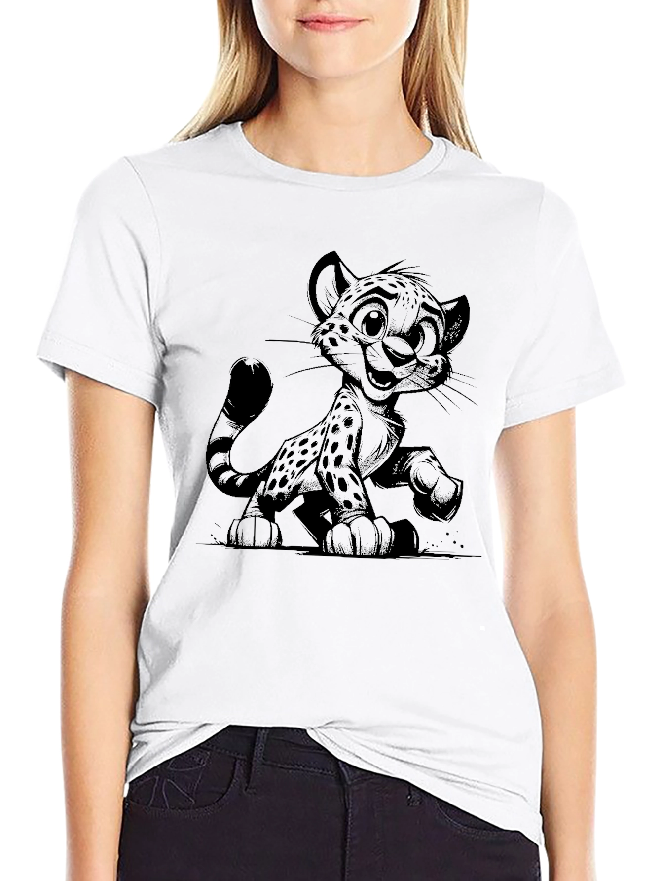 Black Cute Cheetah Graphic Black T-Shirt view 9