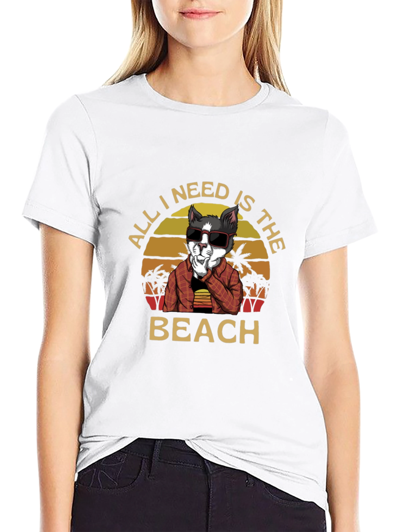 Black All I Need Is The Beach Cat T-Shirt view 9
