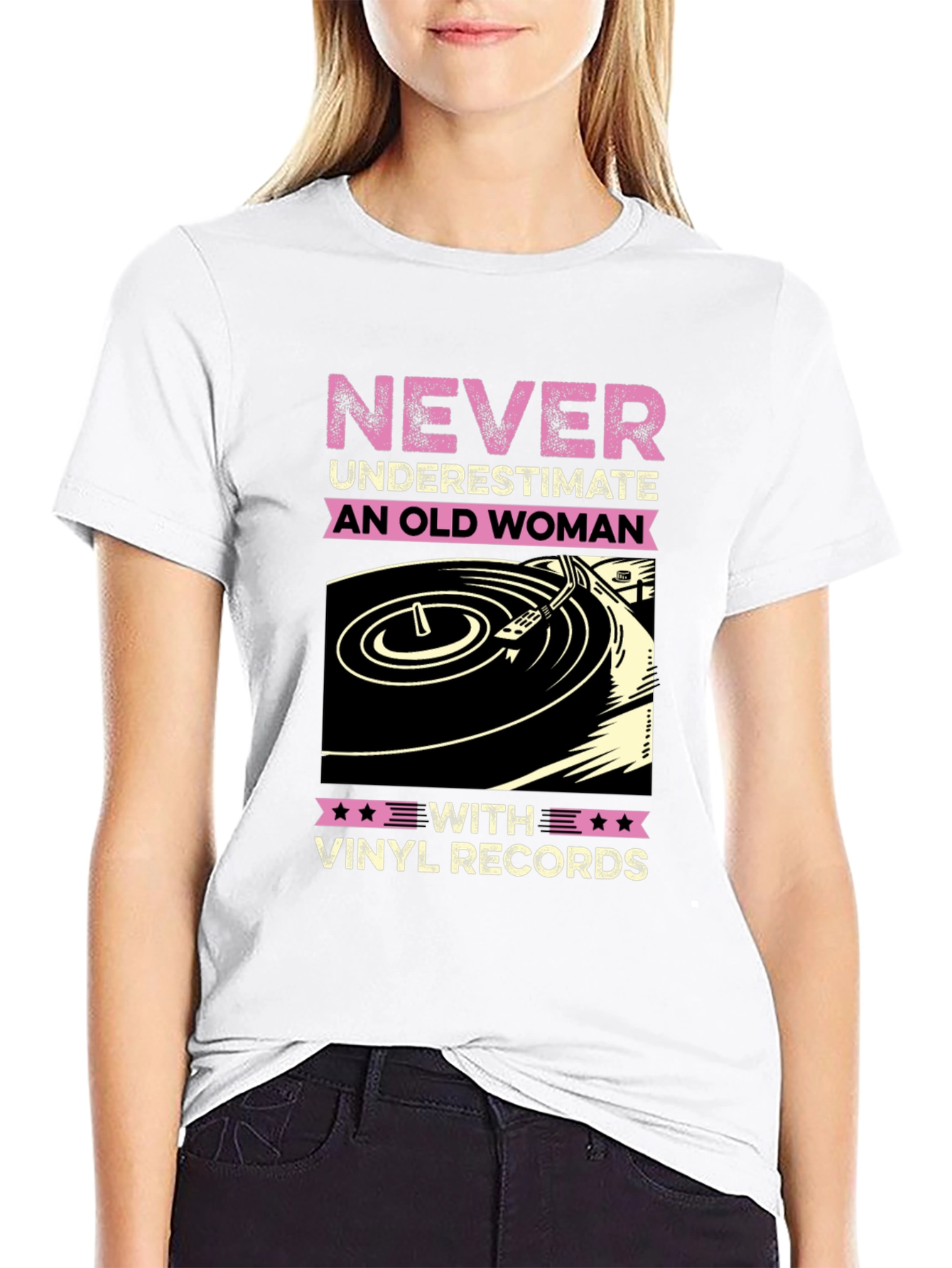 Black Never Underestimate Old Woman Vinyl Records T-Shirt view 9