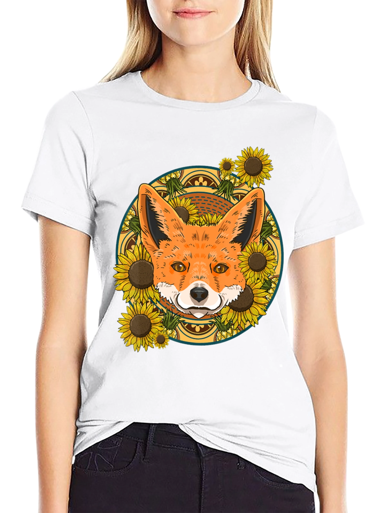 Black Fox & Sunflower Graphic Tee - Nature Lover's T-Shirt view 9