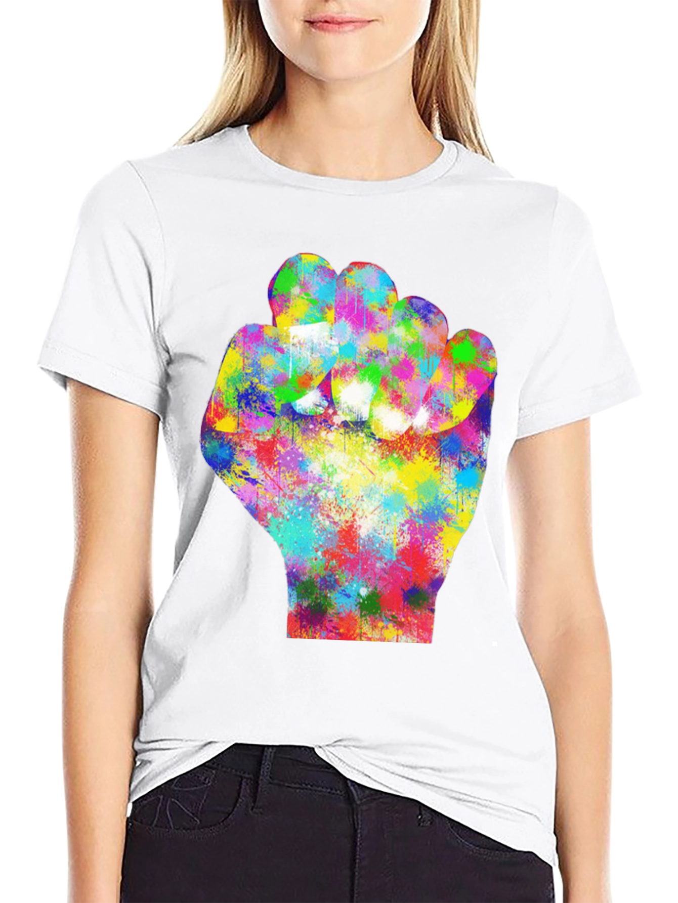 Black Colorful Fist Graphic Black T-Shirt view 9