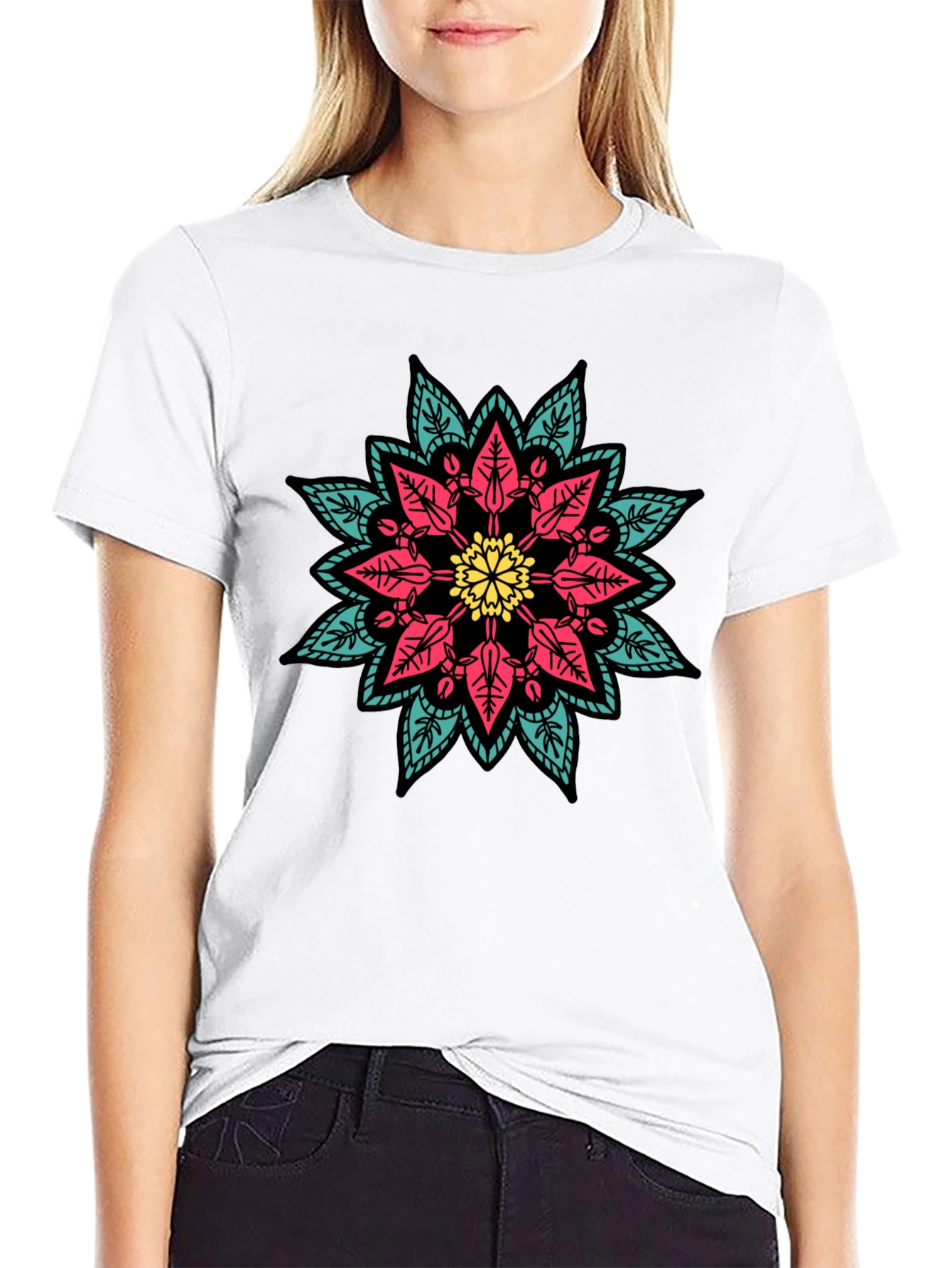 Black Geometric Mandala Graphic Print Black T-Shirt view 9