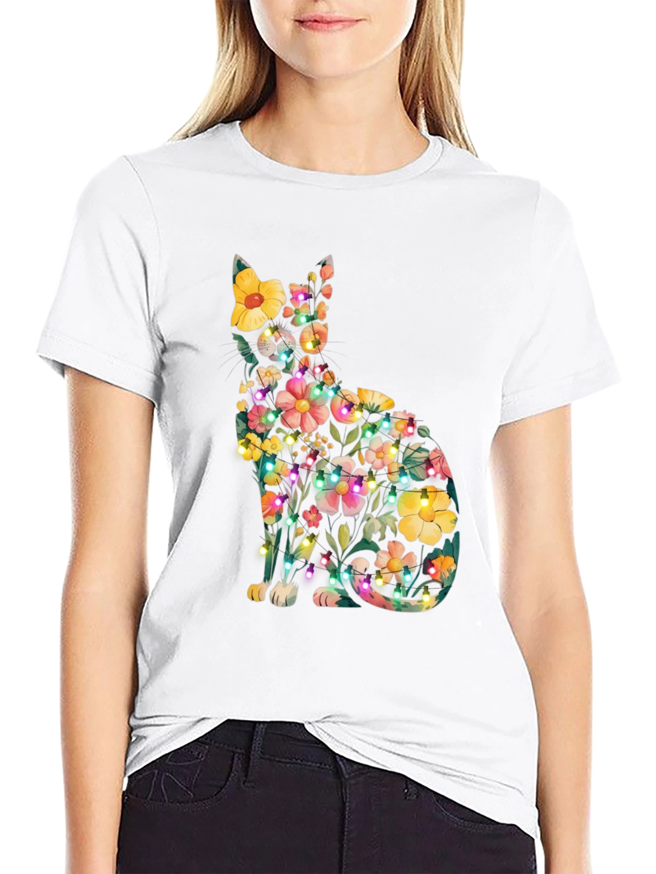 Black Floral Cat Tee - Whimsical & Unique Design view 9