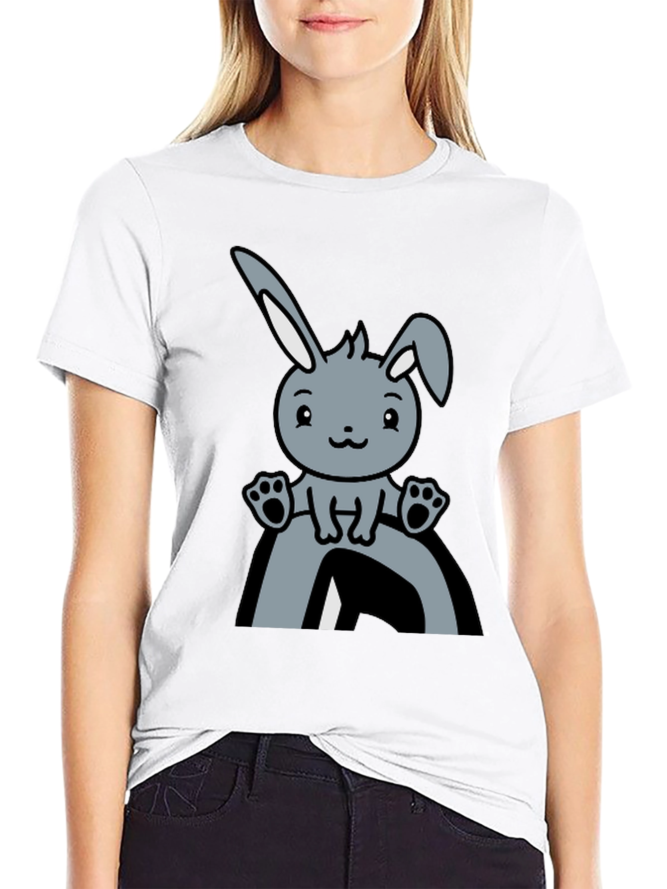 Black Cute Bunny Graphic Tee - Black Cotton Comfort view 9