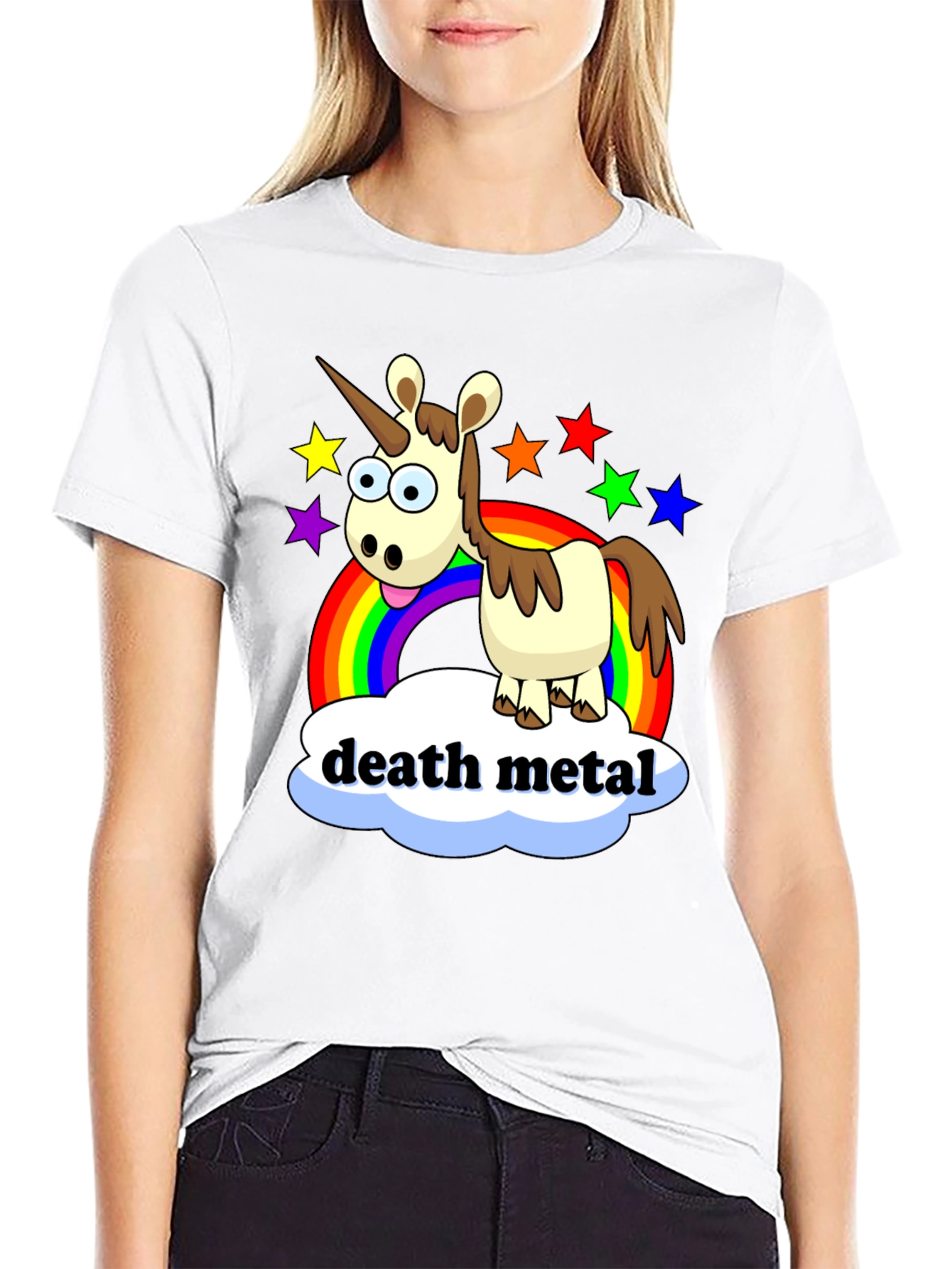 Black Death Metal Unicorn T-Shirt - Rainbow Star Design view 9