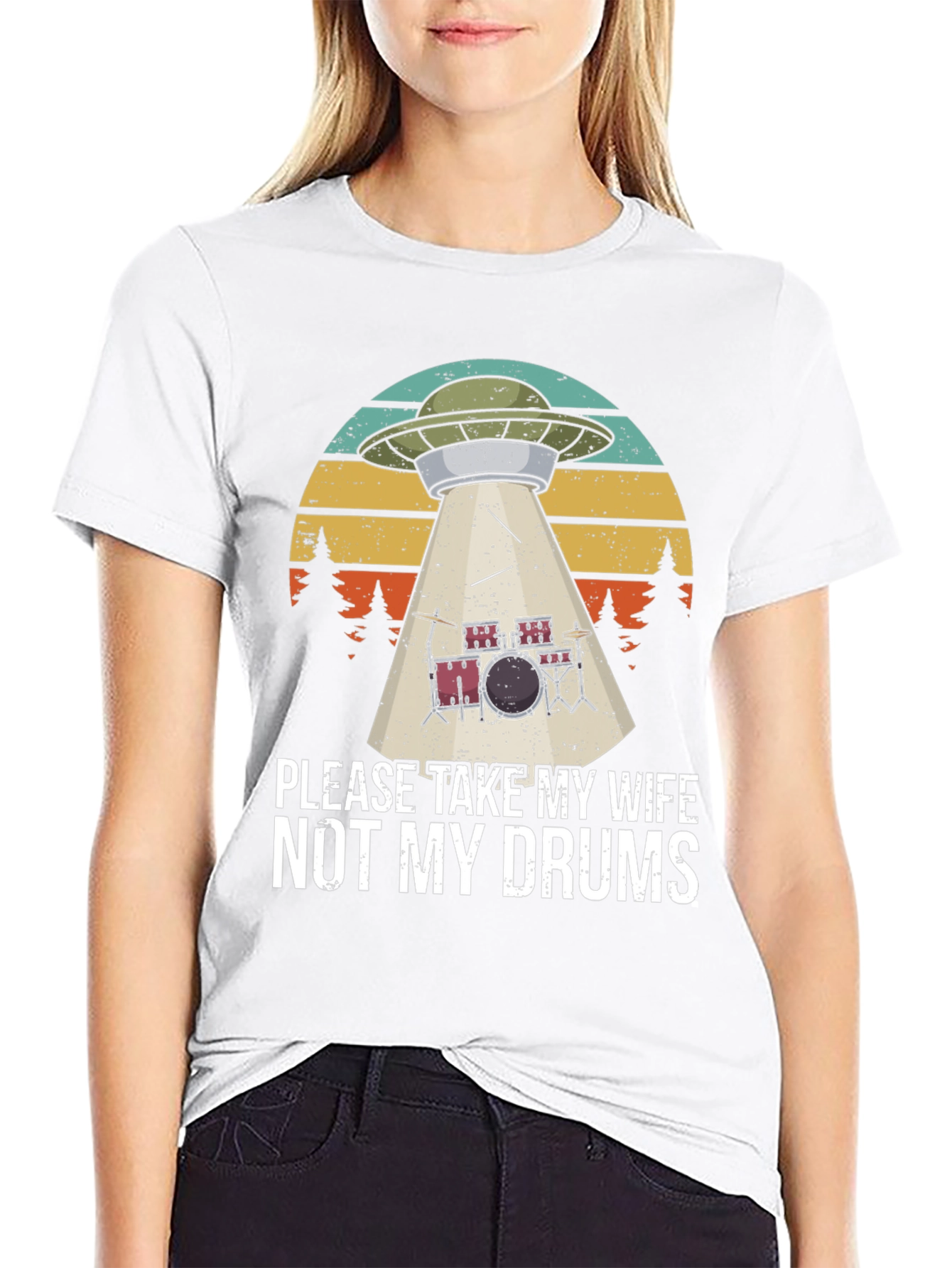 Black Funny UFO Abduction Drums T-Shirt view 9