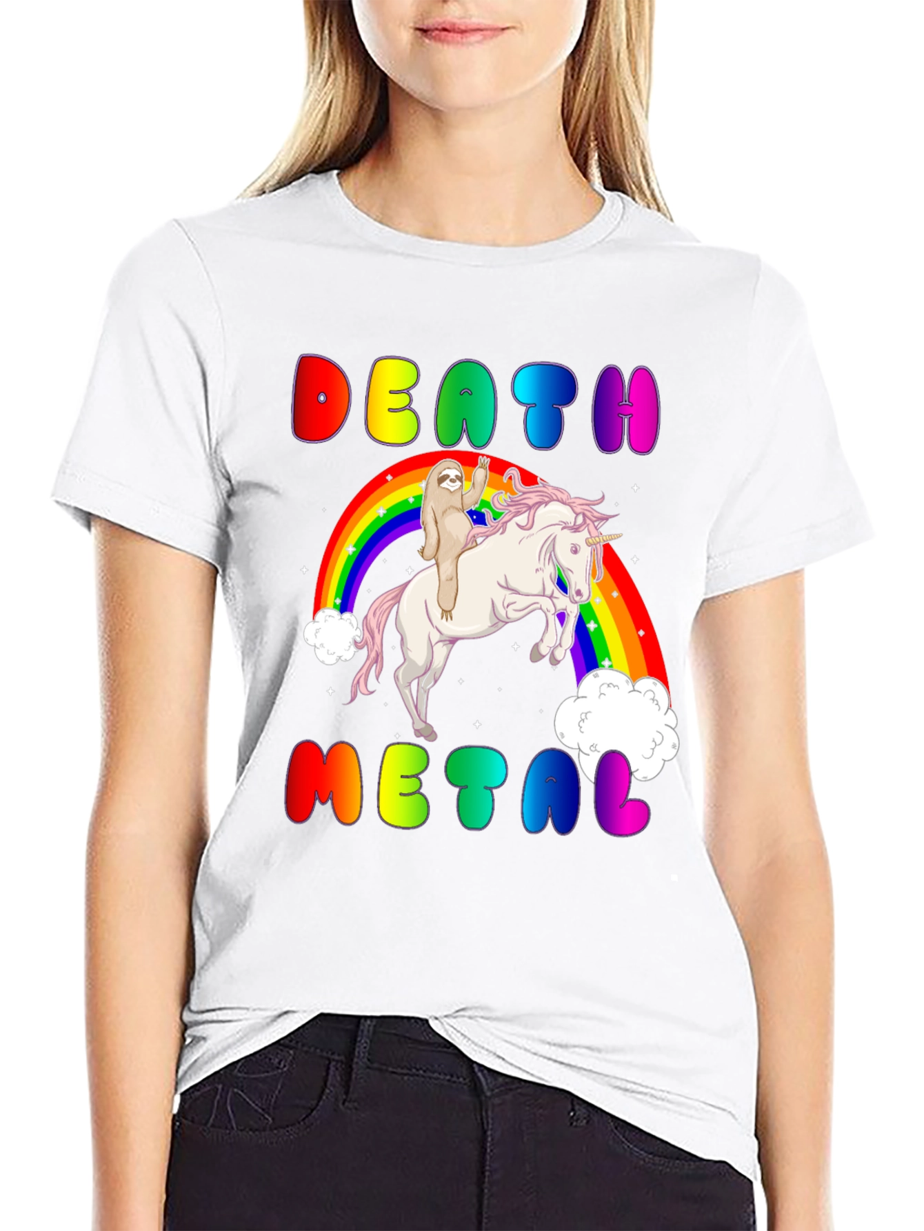 Black Death Metal Sloth Riding Unicorn T-Shirt view 9