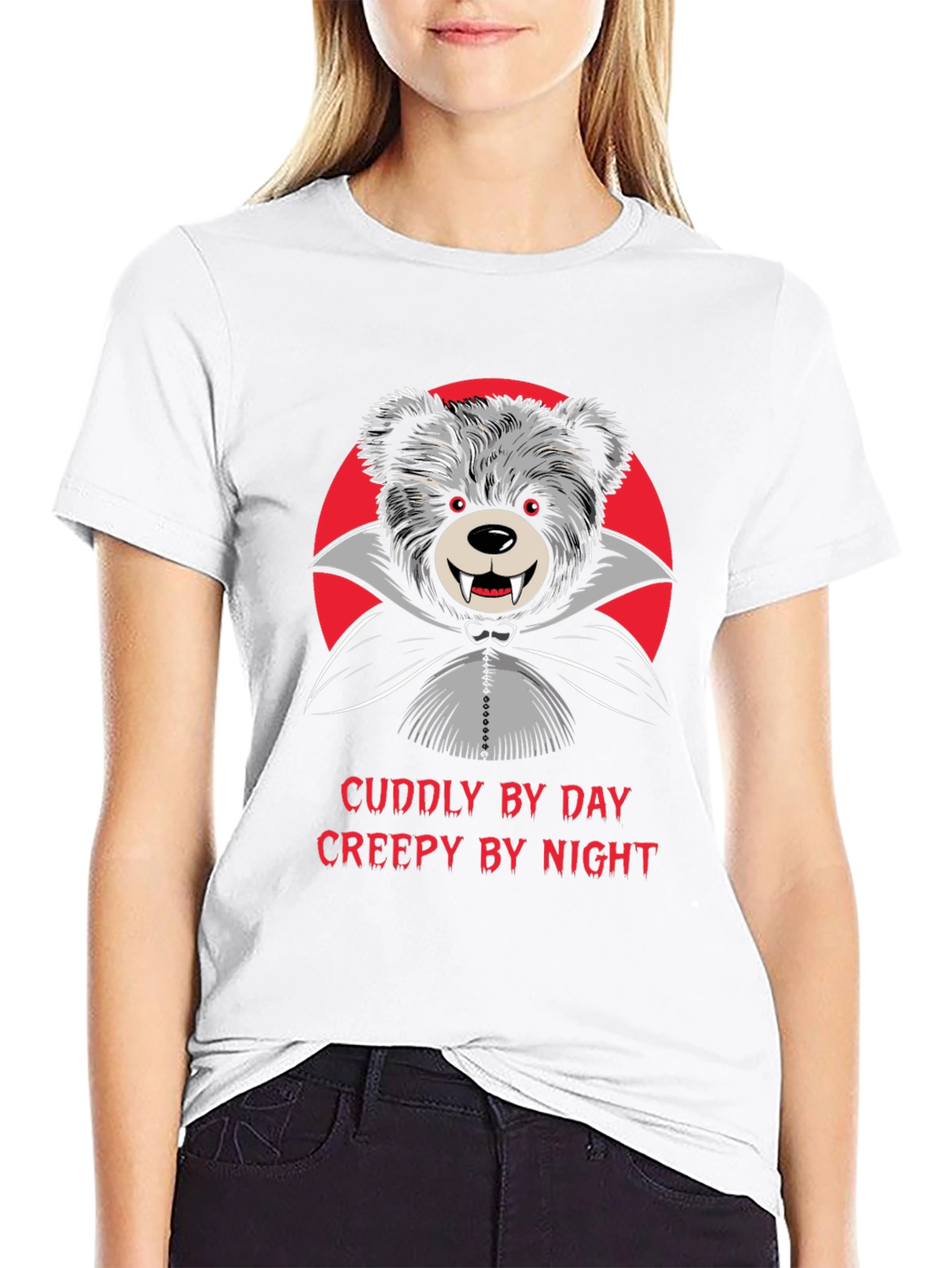 Black Cuddly by Day, Creepy by Night Vampire Teddy Bear T-Shirt view 9