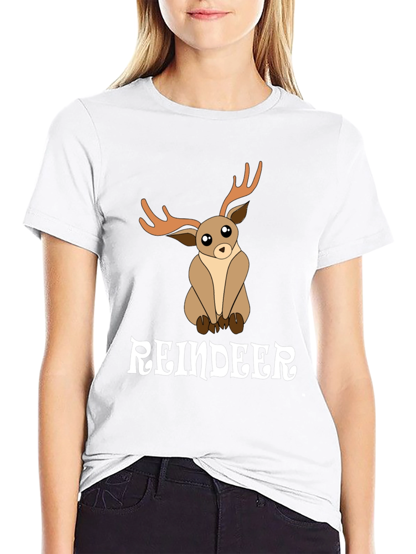 Black Cute Reindeer Graphic Tee - Black Cotton T-Shirt view 9