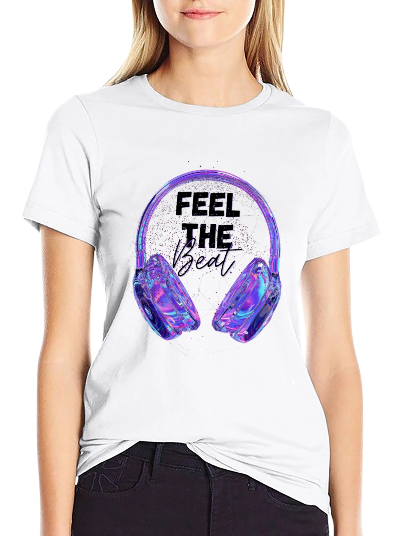 Black Feel the Beat T-Shirt - Holographic Headphones Design view 9