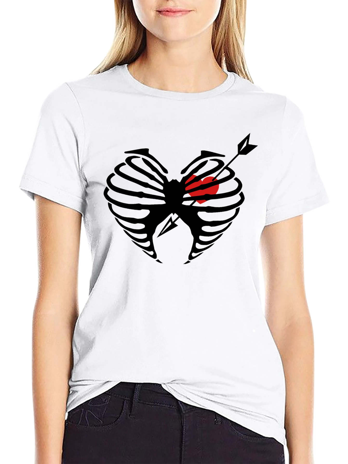 Black Heart Ribcage Arrow Graphic Tee - Black Cotton T-Shirt view 9