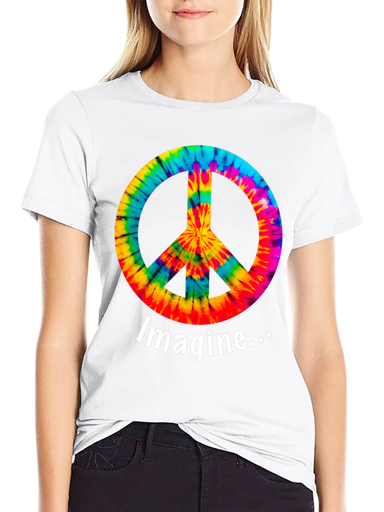 Black Imagine Peace Sign Tie-Dye Graphic T-Shirt view 9