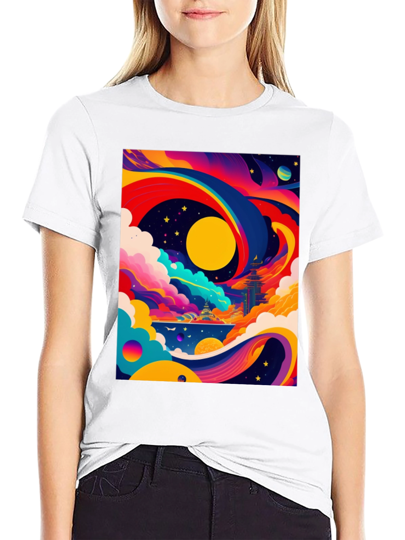 Black Vibrant Celestial Graphic Tee - Artistic Dreamscape view 9