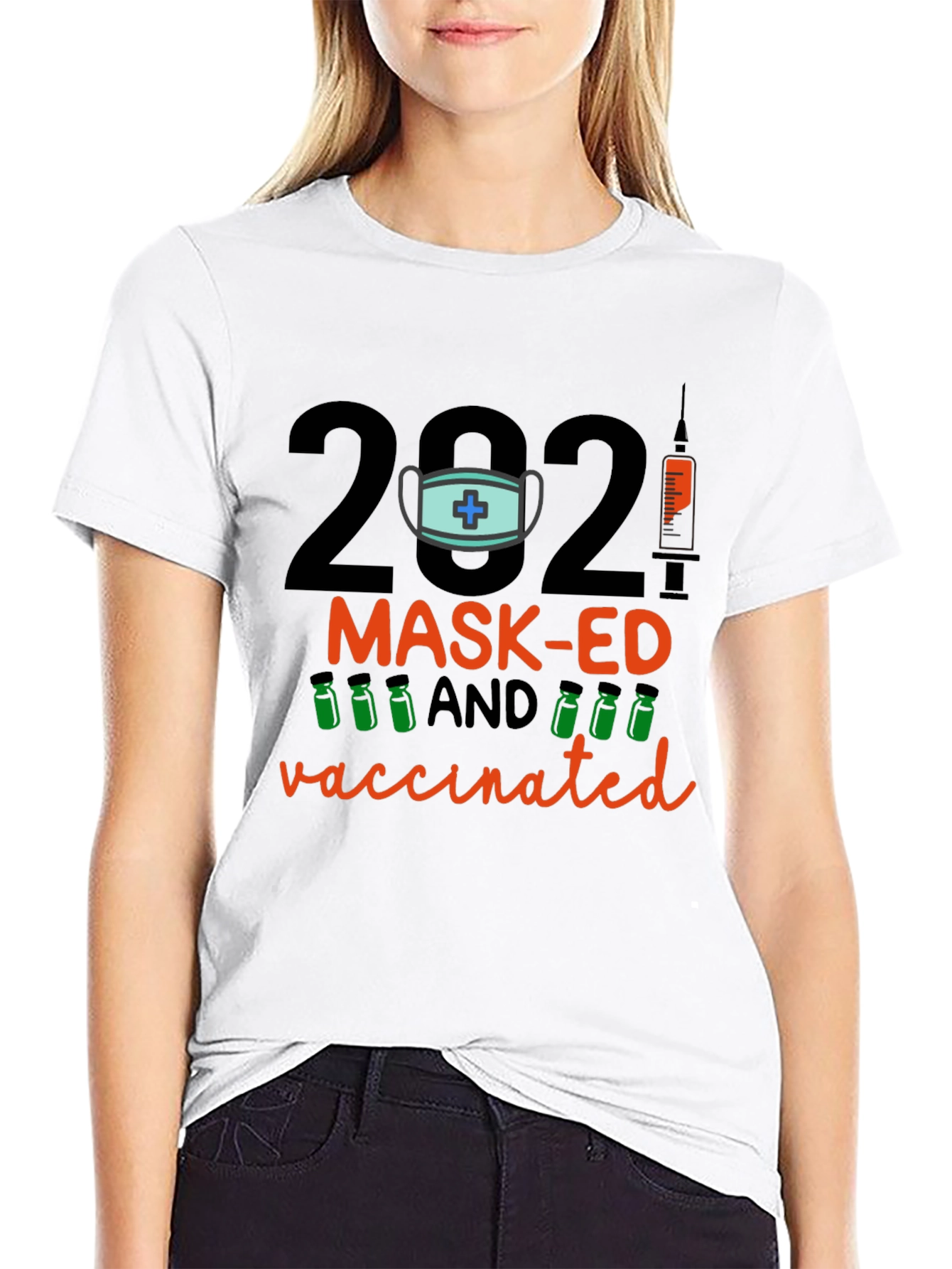 Black 2021 Mask-Ed and Vaccinated Graphic T-Shirt view 9