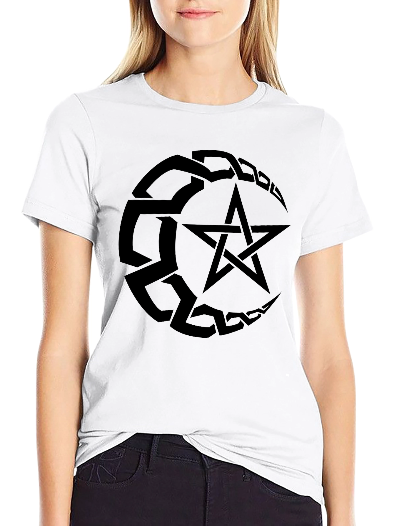 Black Men's Black T-Shirt with Pentagram Design view 9