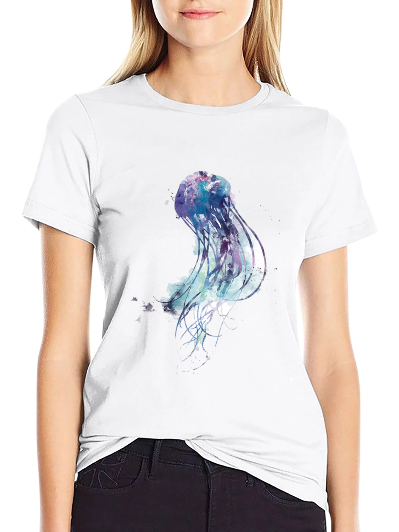 Black Jellyfish Watercolor Graphic Print Black T-Shirt view 9