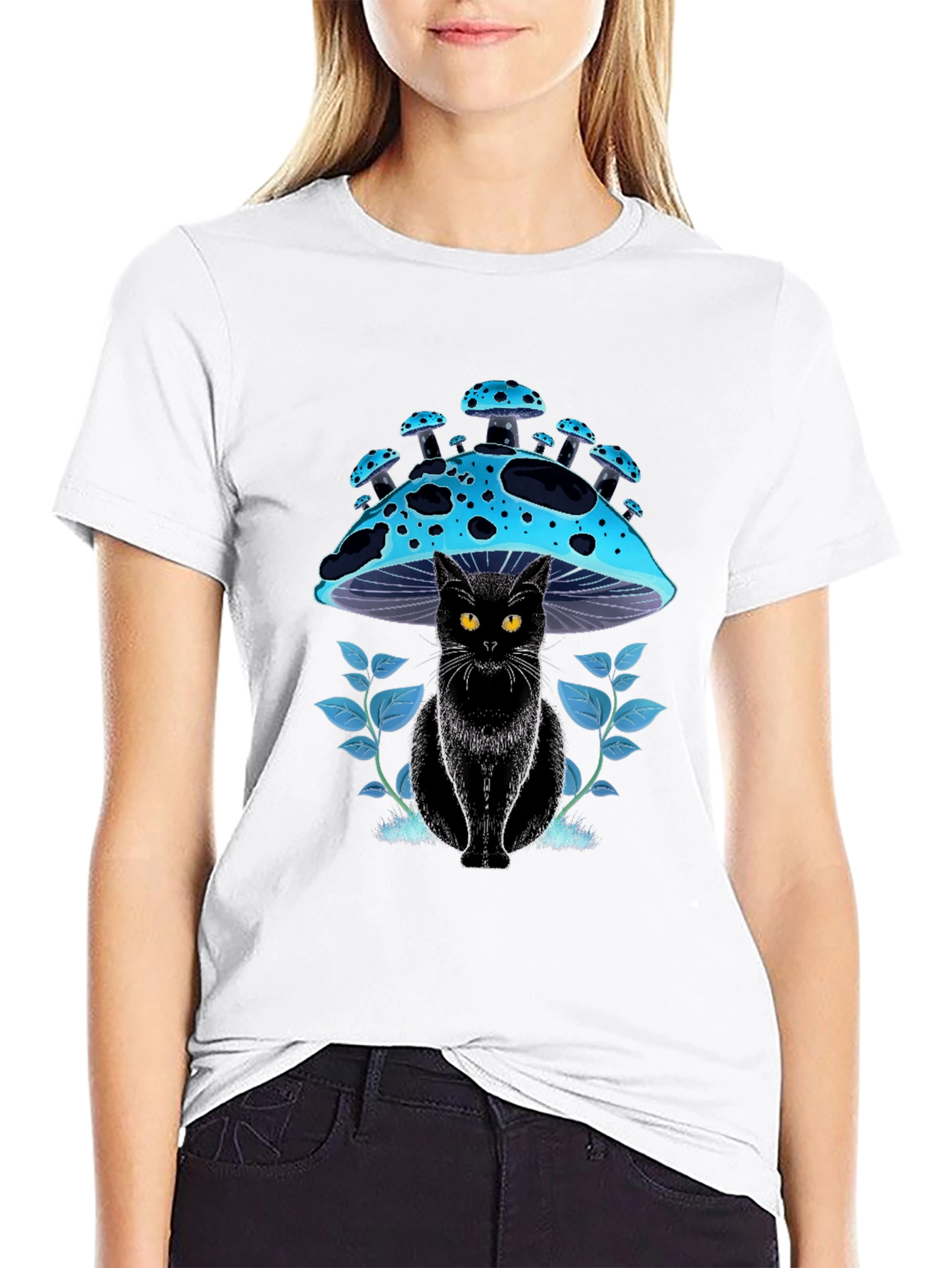 Black Black Cat Mushroom T-Shirt - Unique Graphic Tee view 9