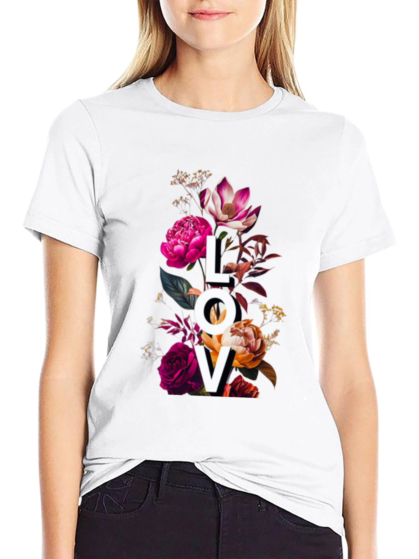 Black Floral LOVE Graphic Print T-Shirt view 9