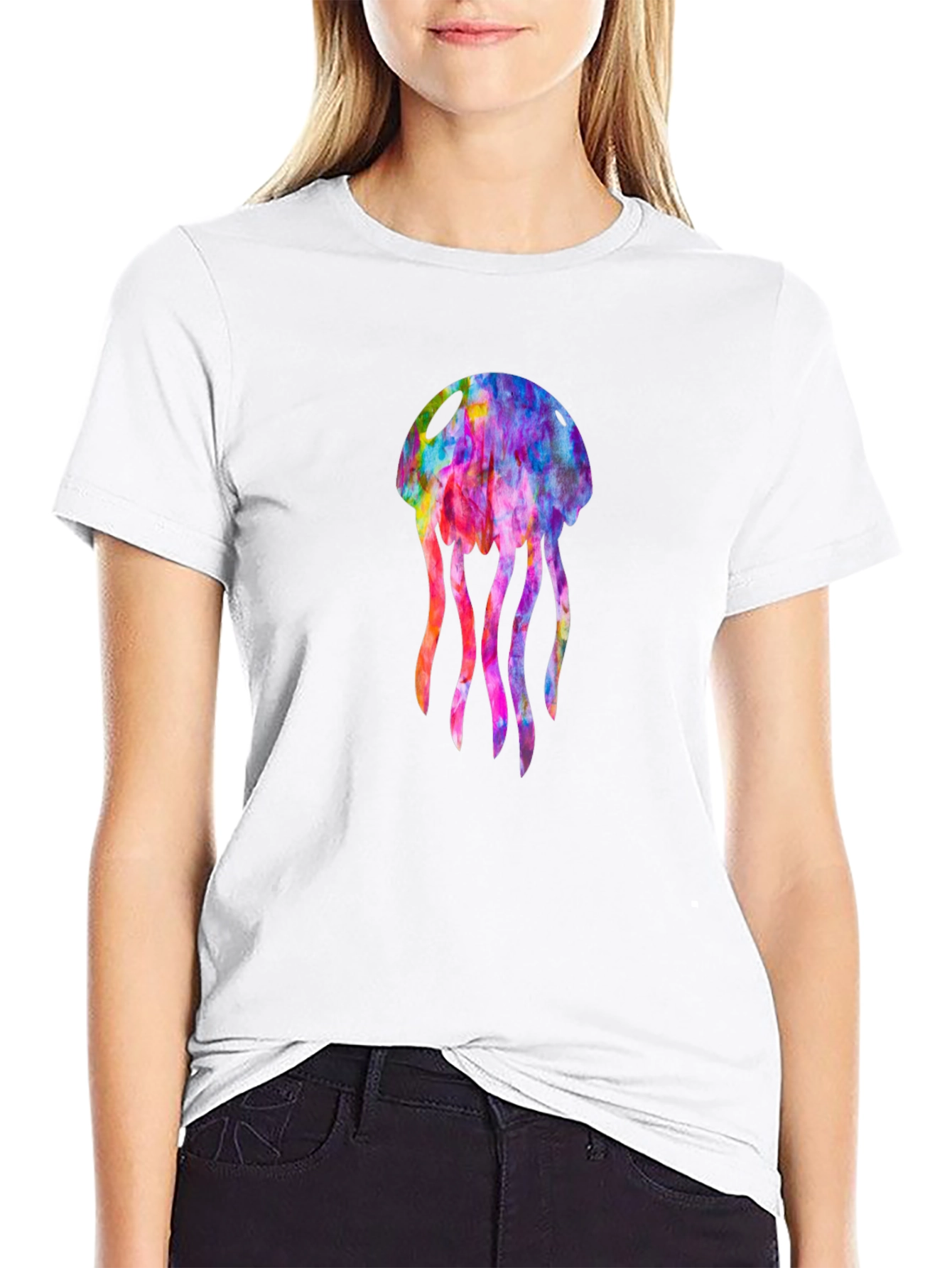 Black Colorful Jellyfish Graphic Black T-Shirt view 9