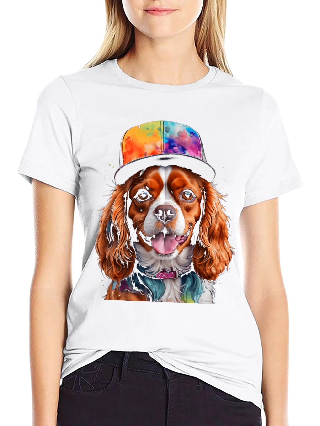 Black Cool Dog T-Shirt: Cavalier in Colorful Hat view 9