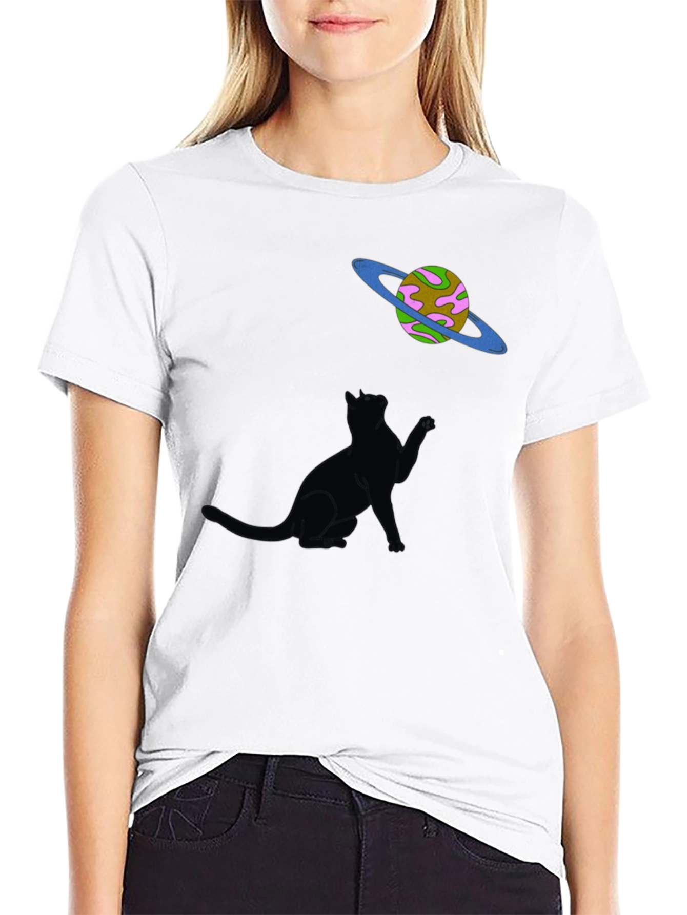 Black Cosmic Cat T-Shirt - Black Graphic Tee view 9