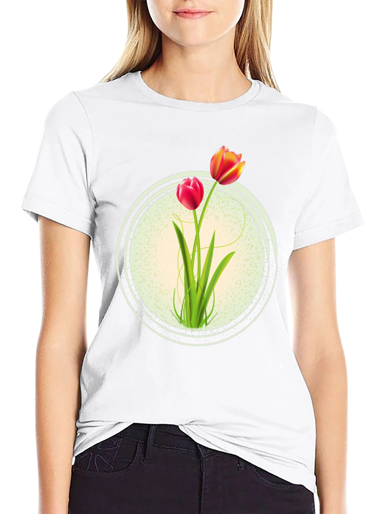 Black Floral Tulip Graphic Print Crew Neck T-Shirt view 9
