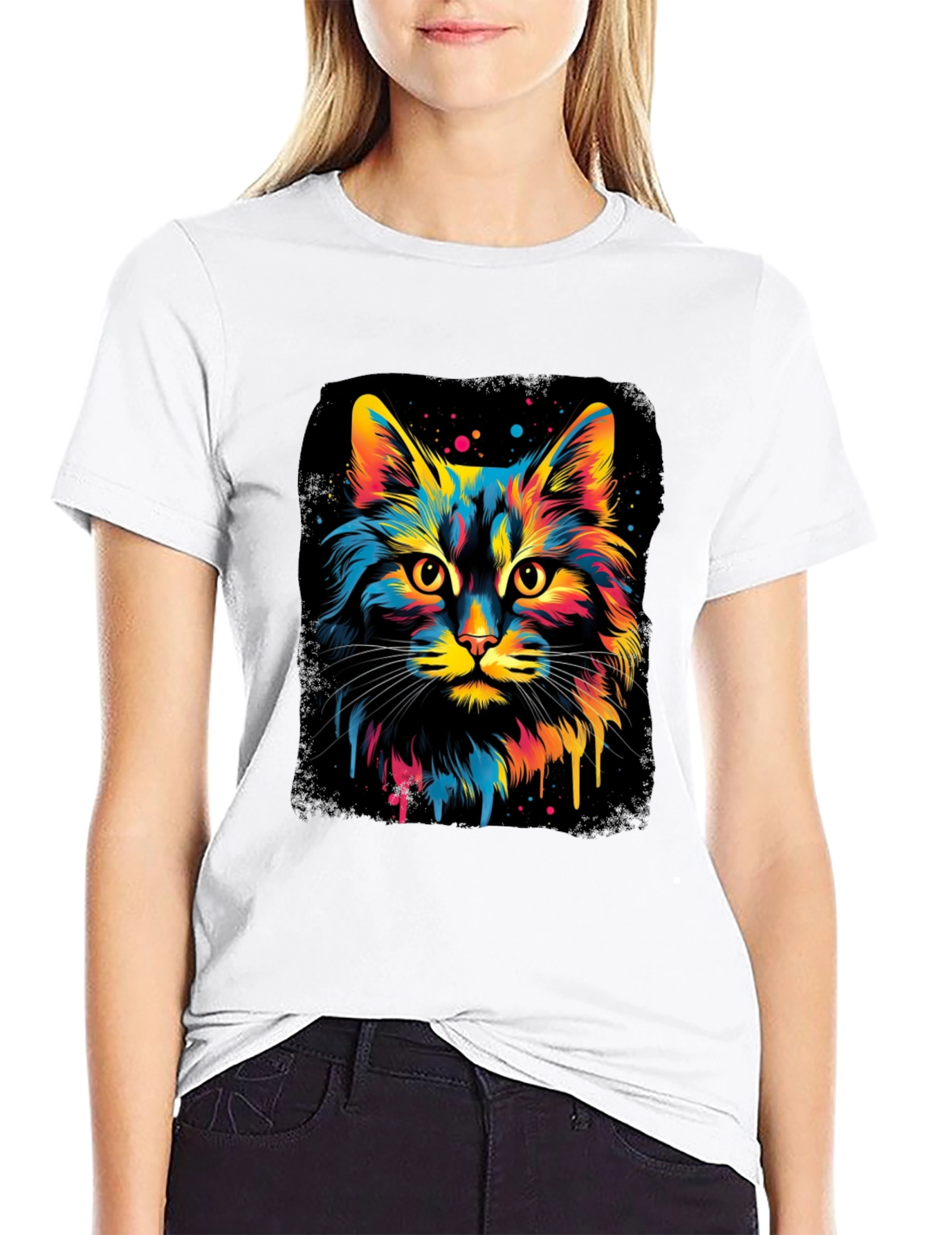 Black Colorful Cat Graphic Black T-Shirt view 9