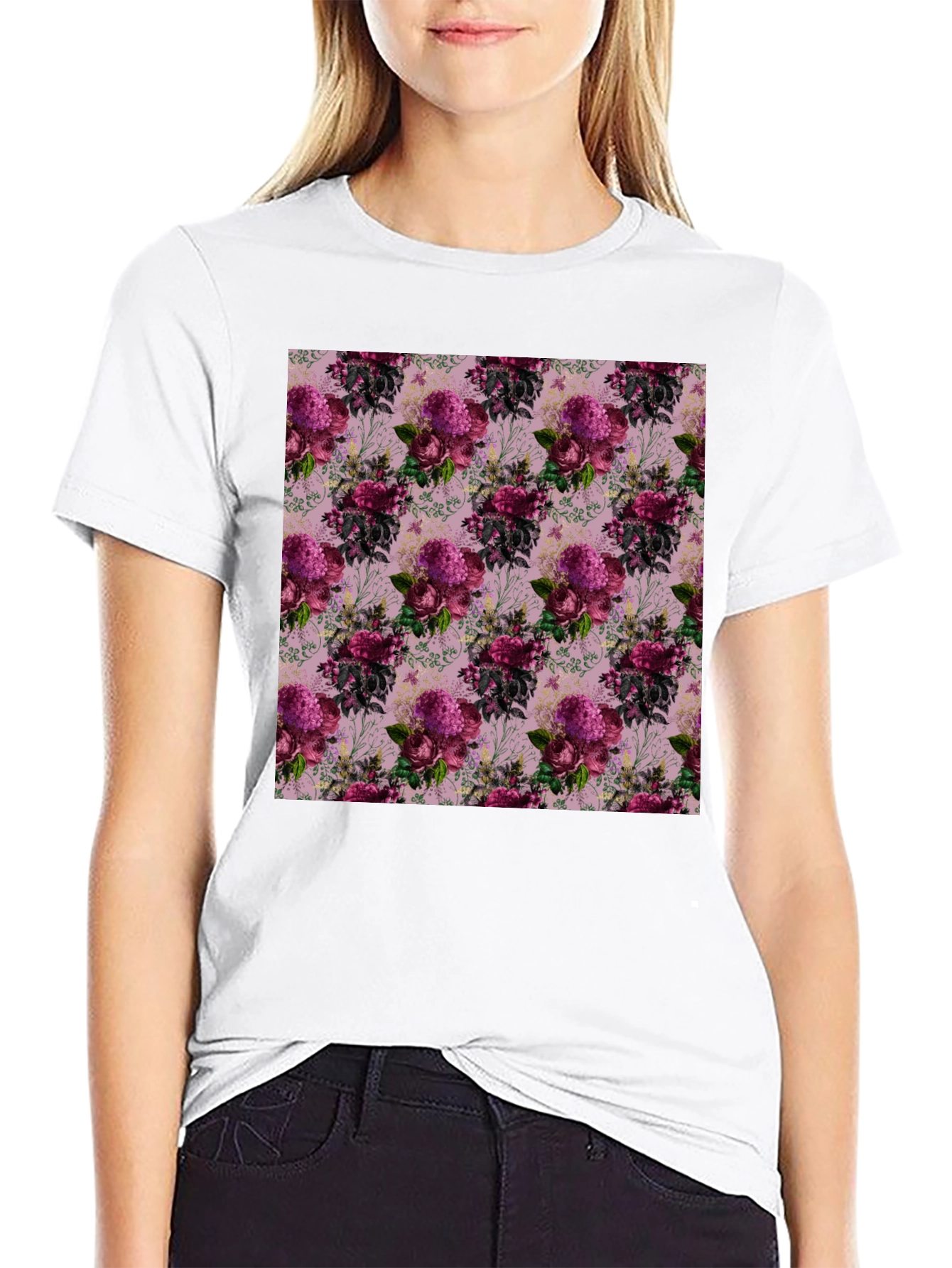Black Floral Pattern Black T-Shirt view 9