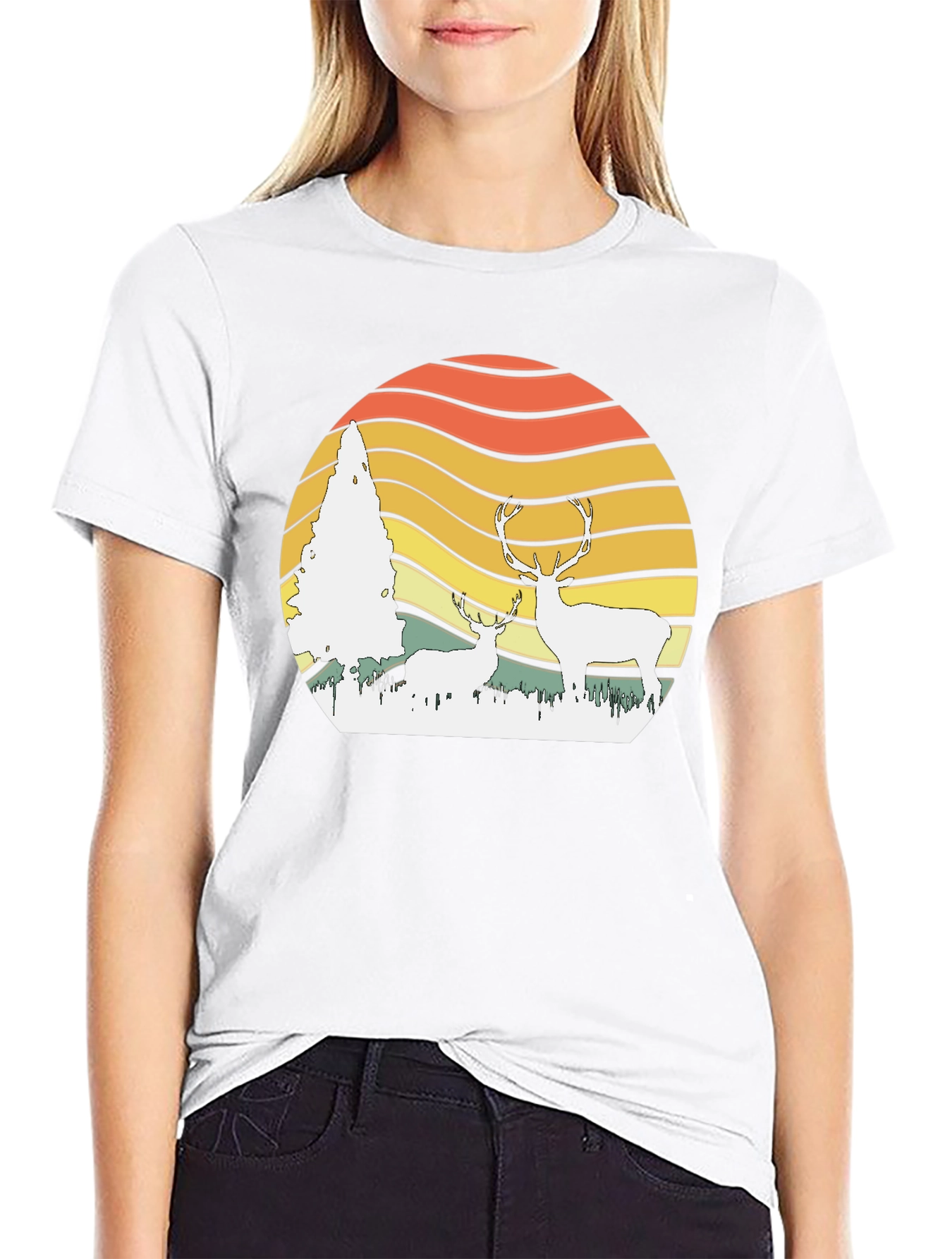 Black Retro Deer Sunset Graphic Tee - Nature Lover's T-Shirt view 9