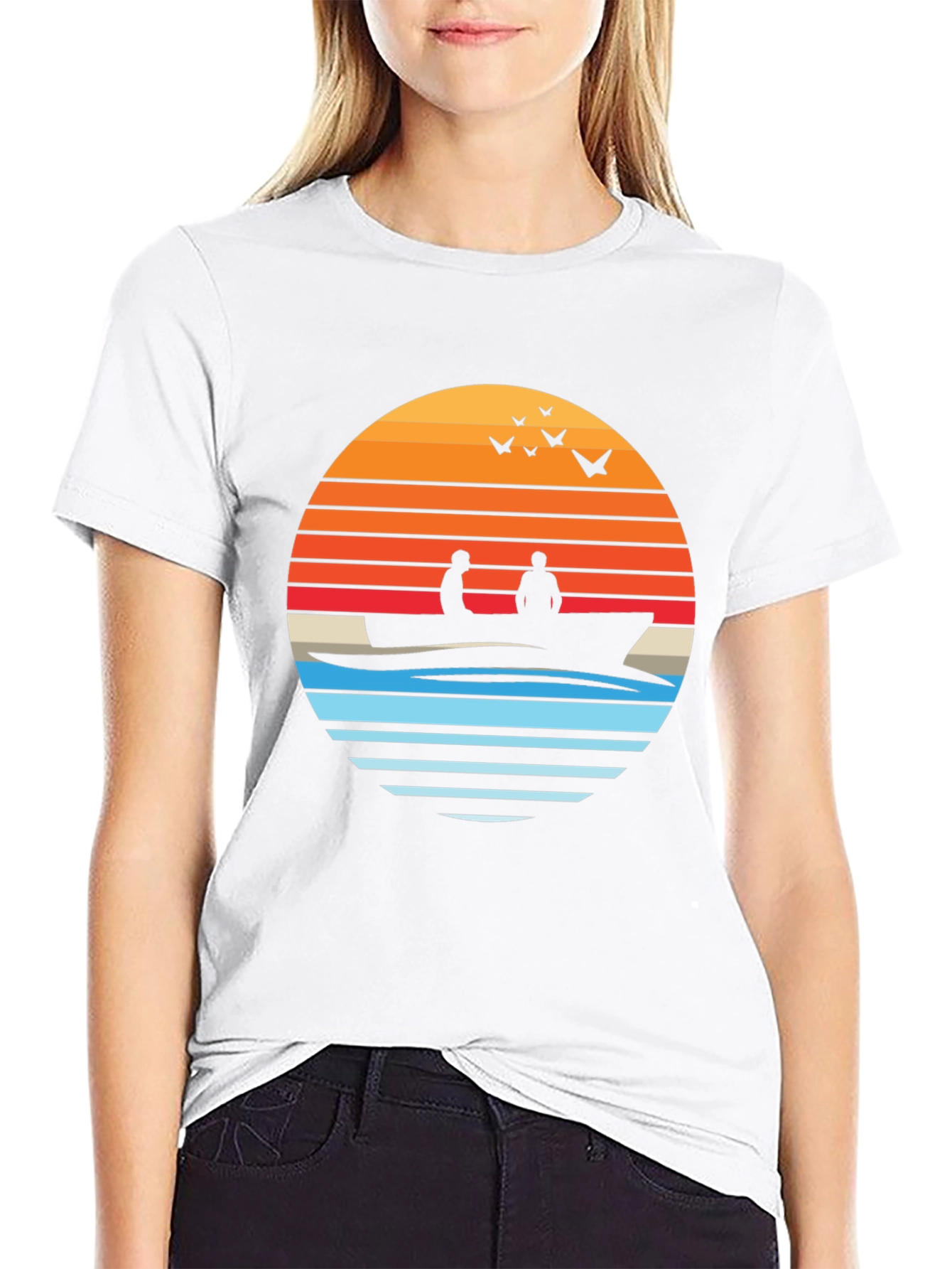Black Sunset Silhouette Boat T-Shirt view 9