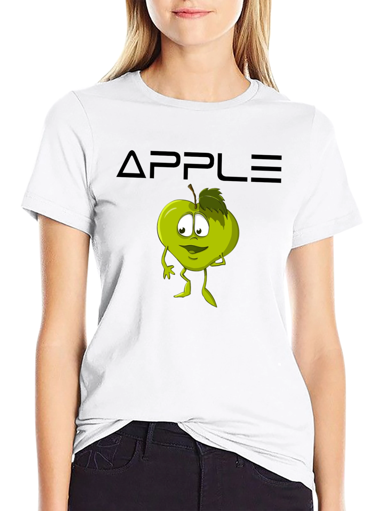 Black Funny Apple Cartoon Graphic Black T-Shirt view 9