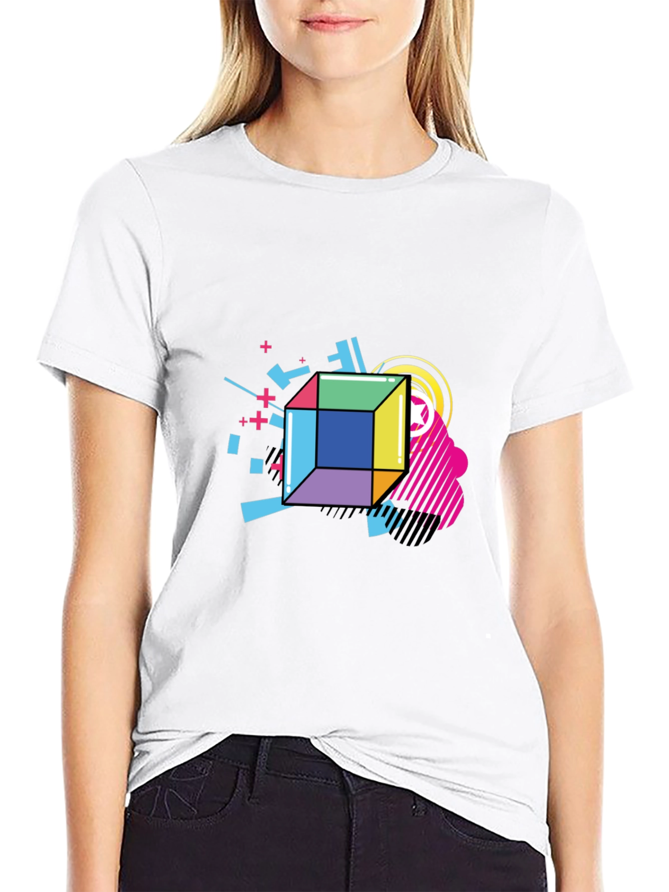 Black Geometric Cube Graphic Black Tee view 9
