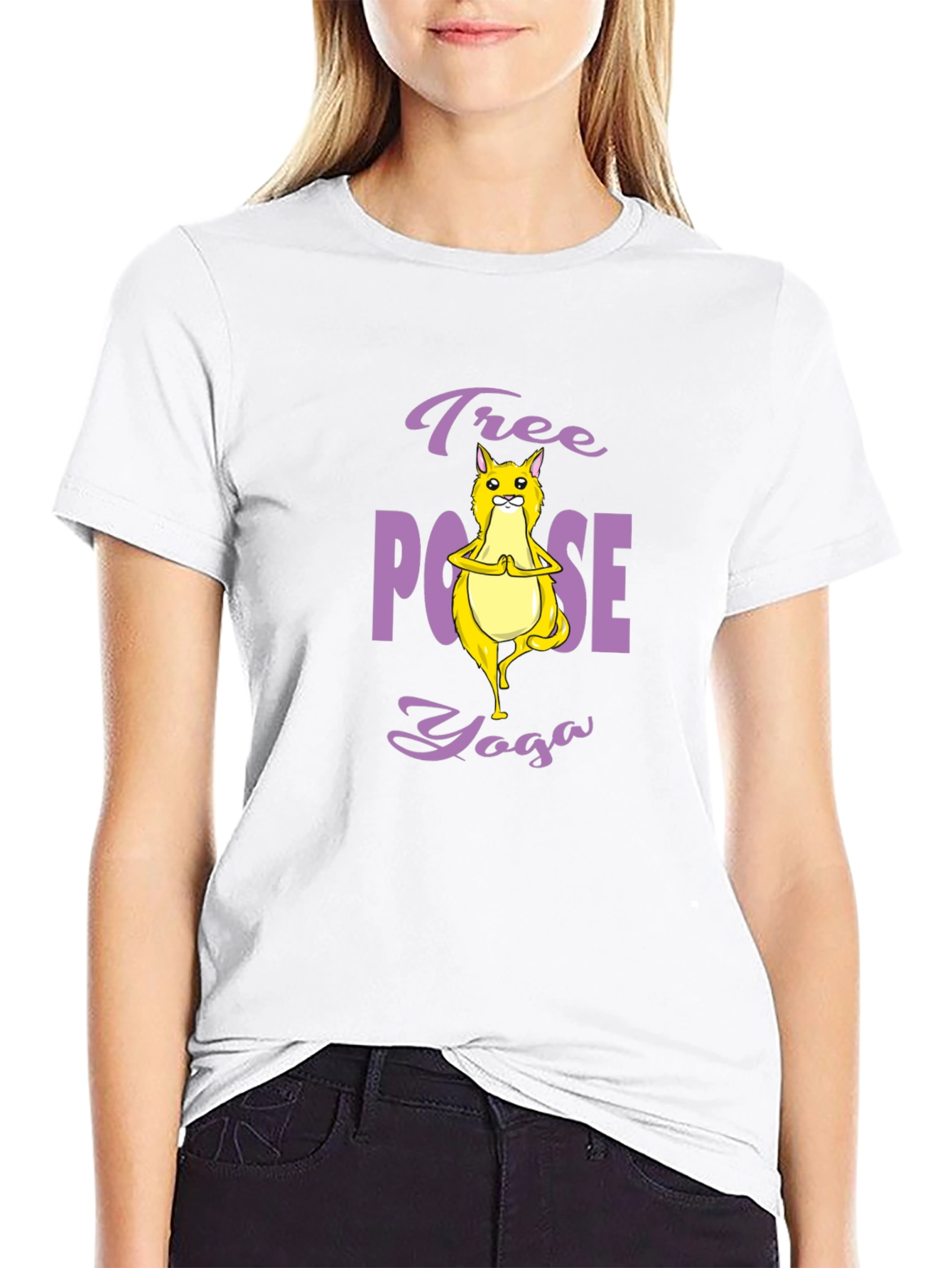Black Tree Pose Yoga Cat Graphic Tee - Black Cotton T-Shirt view 9