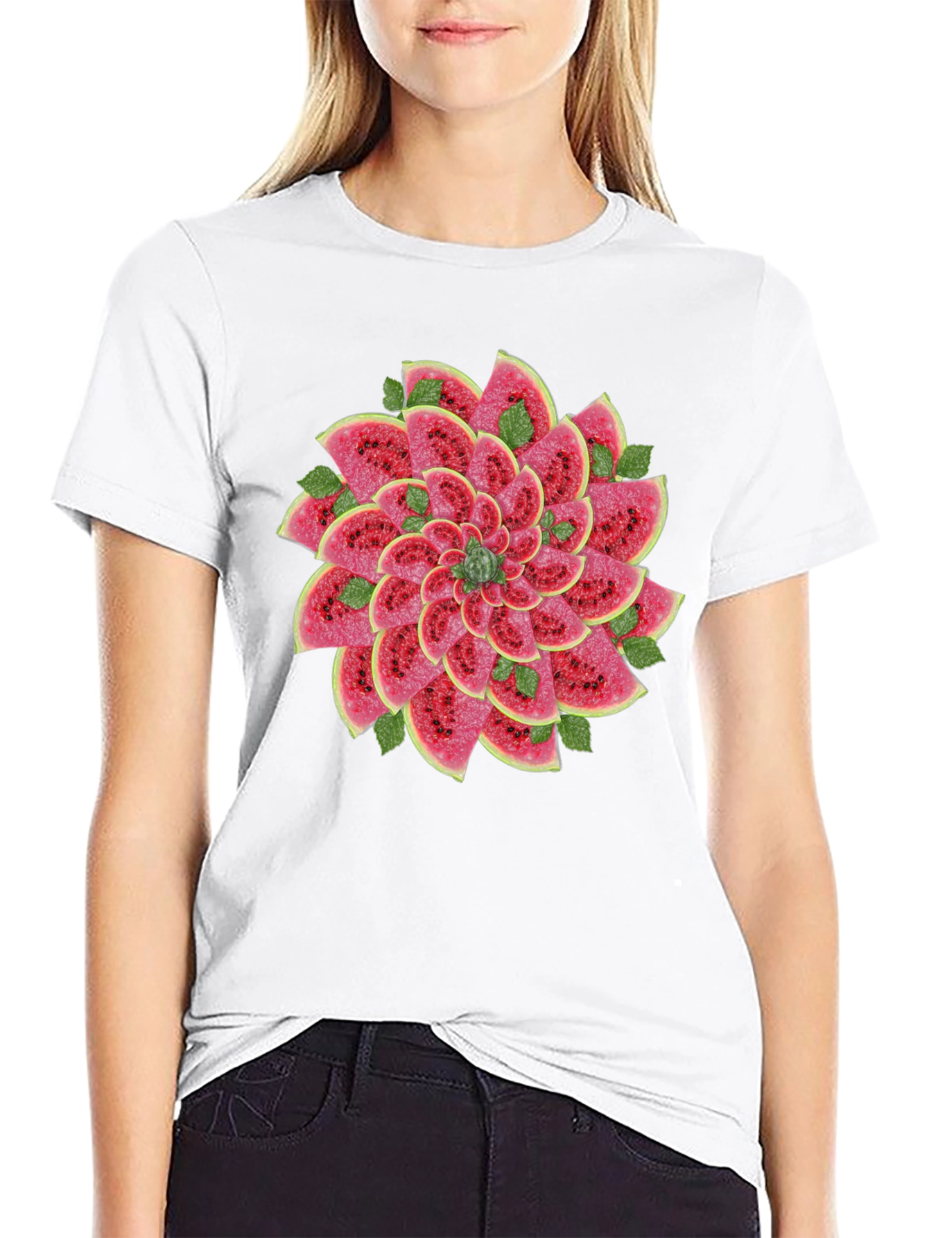 Black Watermelon Slice Flower Graphic Black T-Shirt view 9