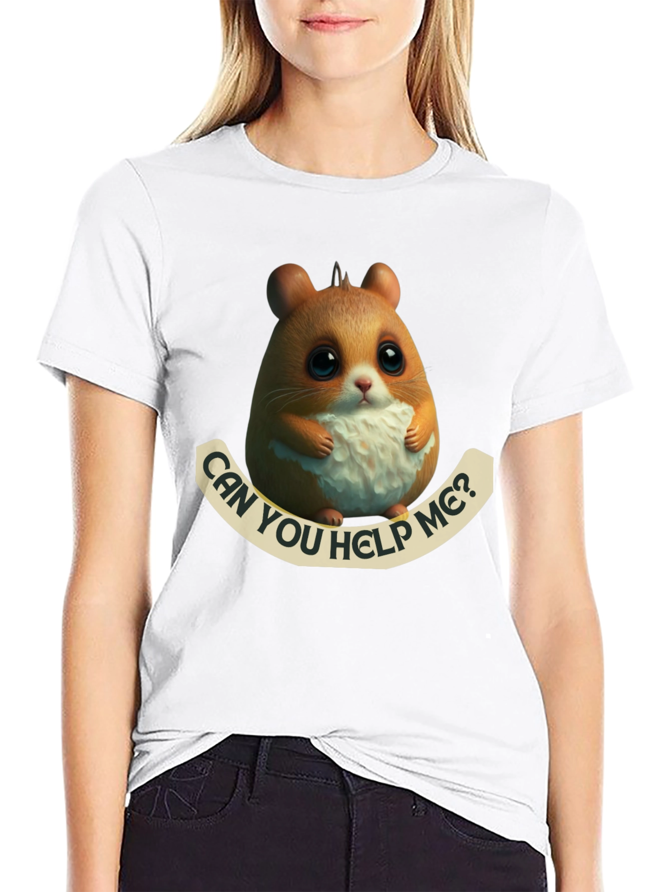 Black Cute Hamster 'Can You Help Me?' Graphic T-Shirt view 9