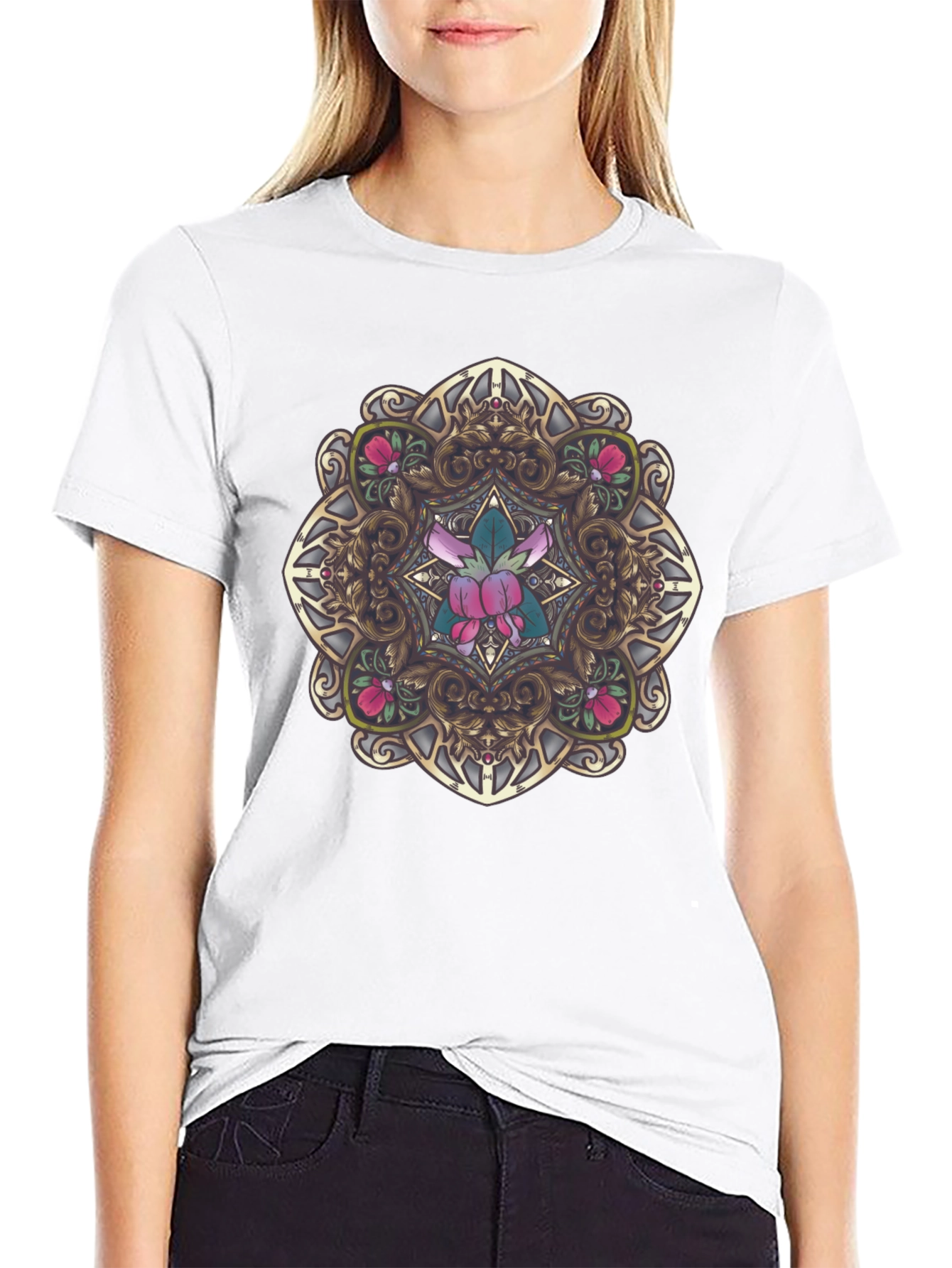 Black Ornate Floral Mandala Graphic Black T-Shirt view 9