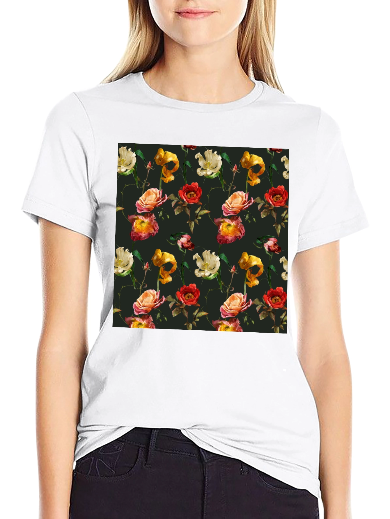 Black Floral Print Black T-Shirt view 9