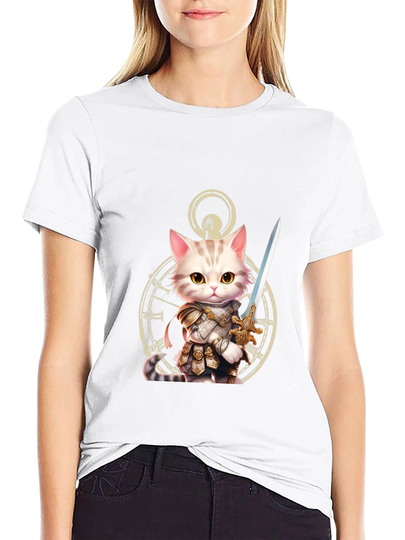 Black Cat Knight T-Shirt - Whimsical Warrior Design view 9