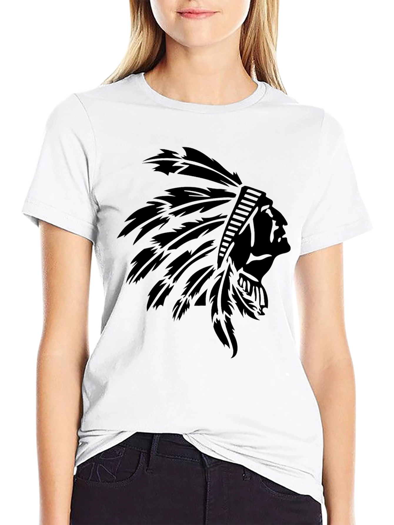Black T-Shirt with Native American Headdress Graphic - 9